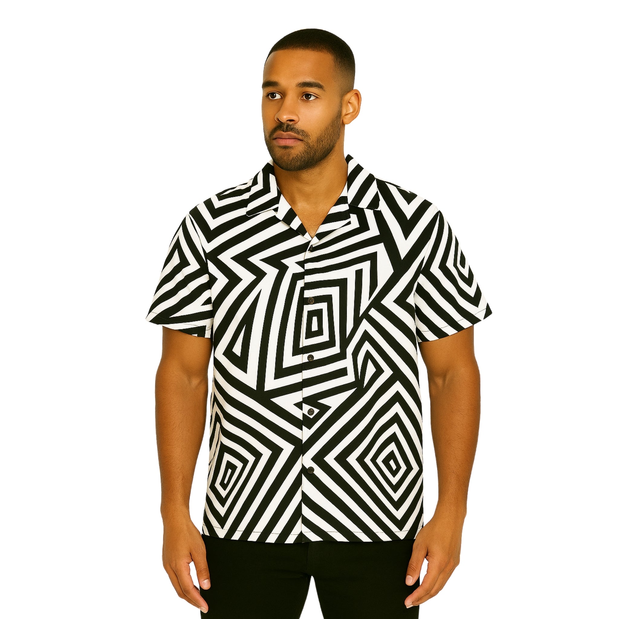 Model wearing Breakin' Atoms "Atomique Vibe Shirt," a short-sleeve dress shirt with bold black and white geometric vortex pattern for a modern