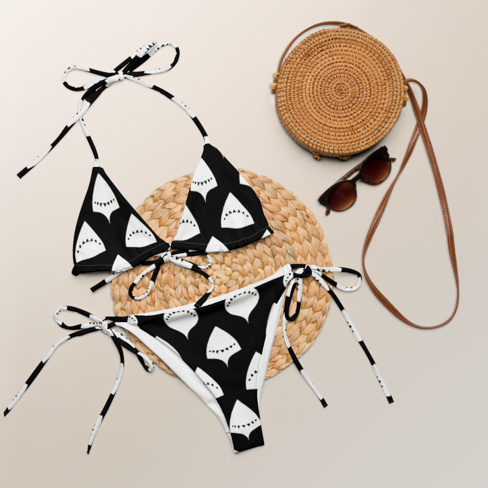 shark tooth pattern on Breakin’ Atoms Apex bikini, triangle top and side-tie bottoms”