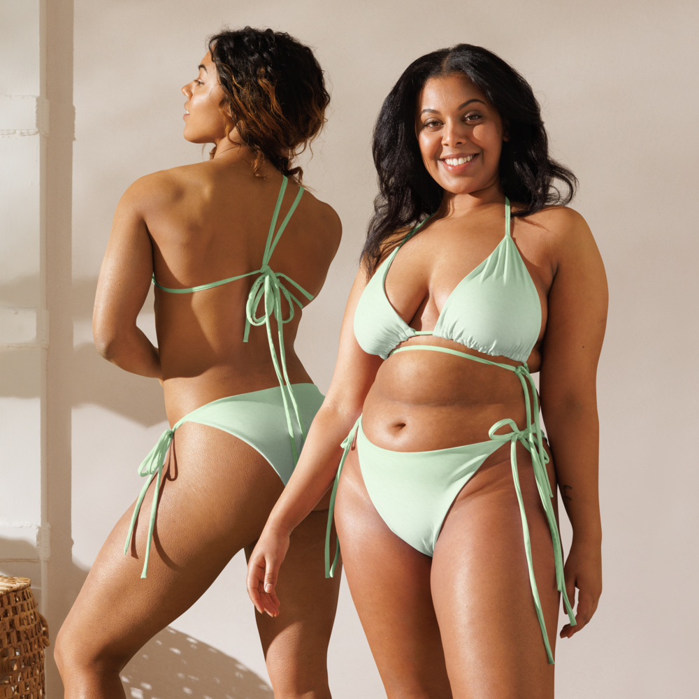 “Breakin’ Atoms Aqua Mint Bikini with triangle top and tie-side bottoms, front view”