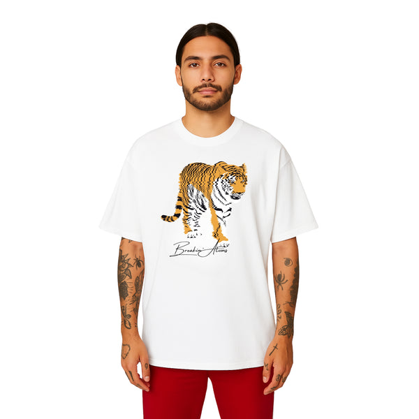 Model wearing Tiger's Stride Shirt by Breakin' Atoms