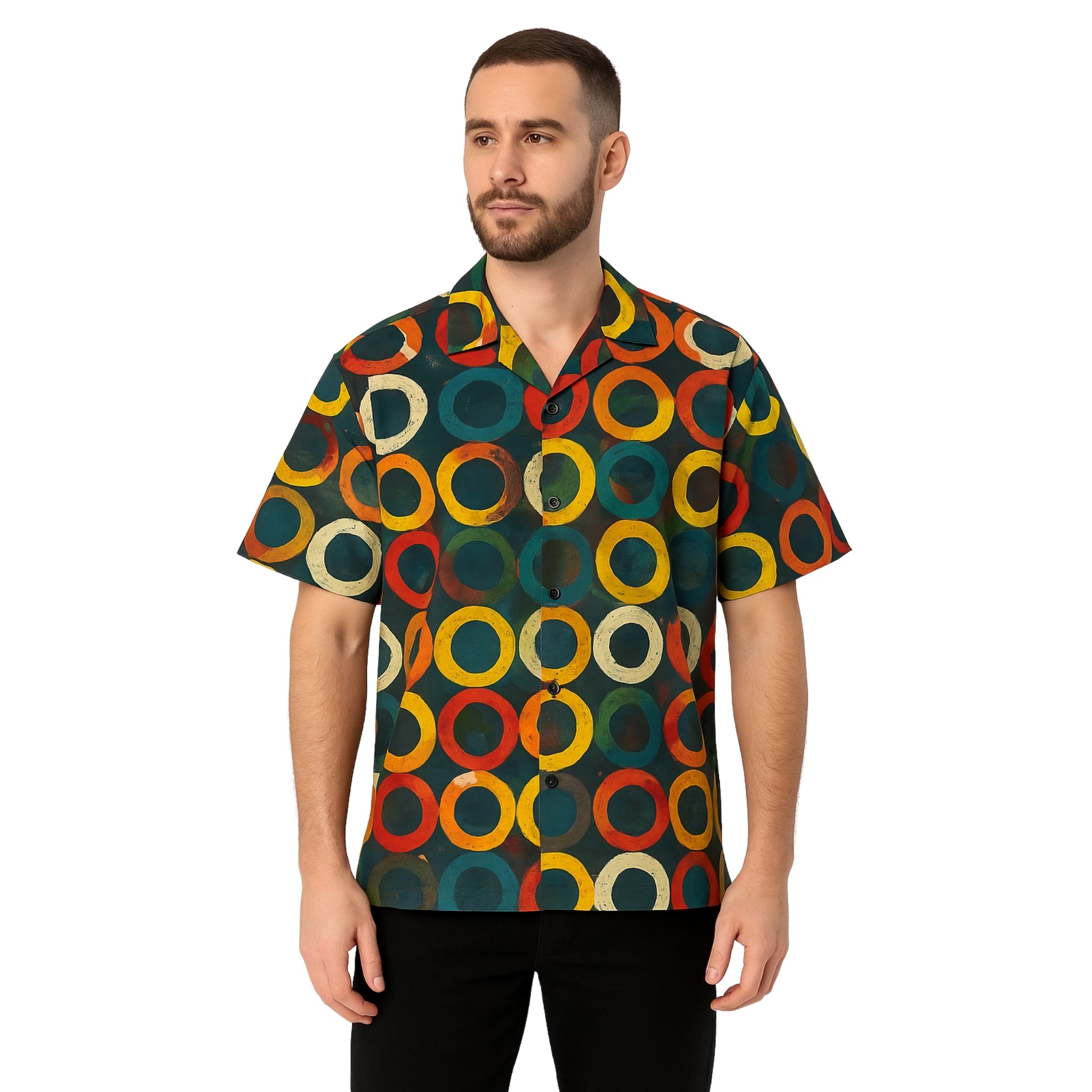 Model wearing Breakin' Atoms "Abstract Arcadia Button-Up" featuring a bold and artistic print in an open-collar short-sleeve design, perfect for creative summer styling.