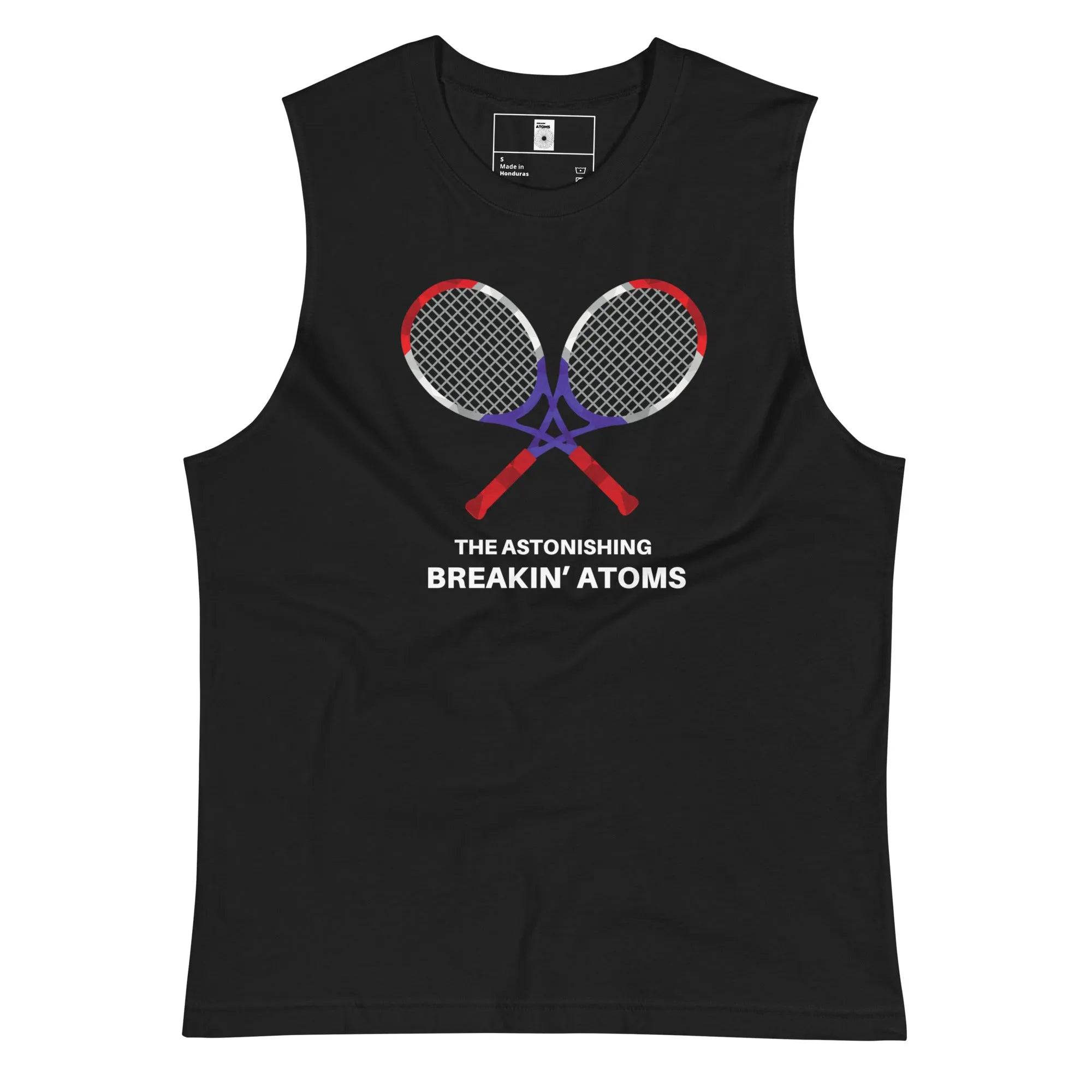 Model wearing Breakin' Atoms "Tennis Muscle Shirt" — a sleeveless athletic top featuring bold tennis-inspired graphics, breathable fabric, and a performance-ready cut designed for movement on and off the court.