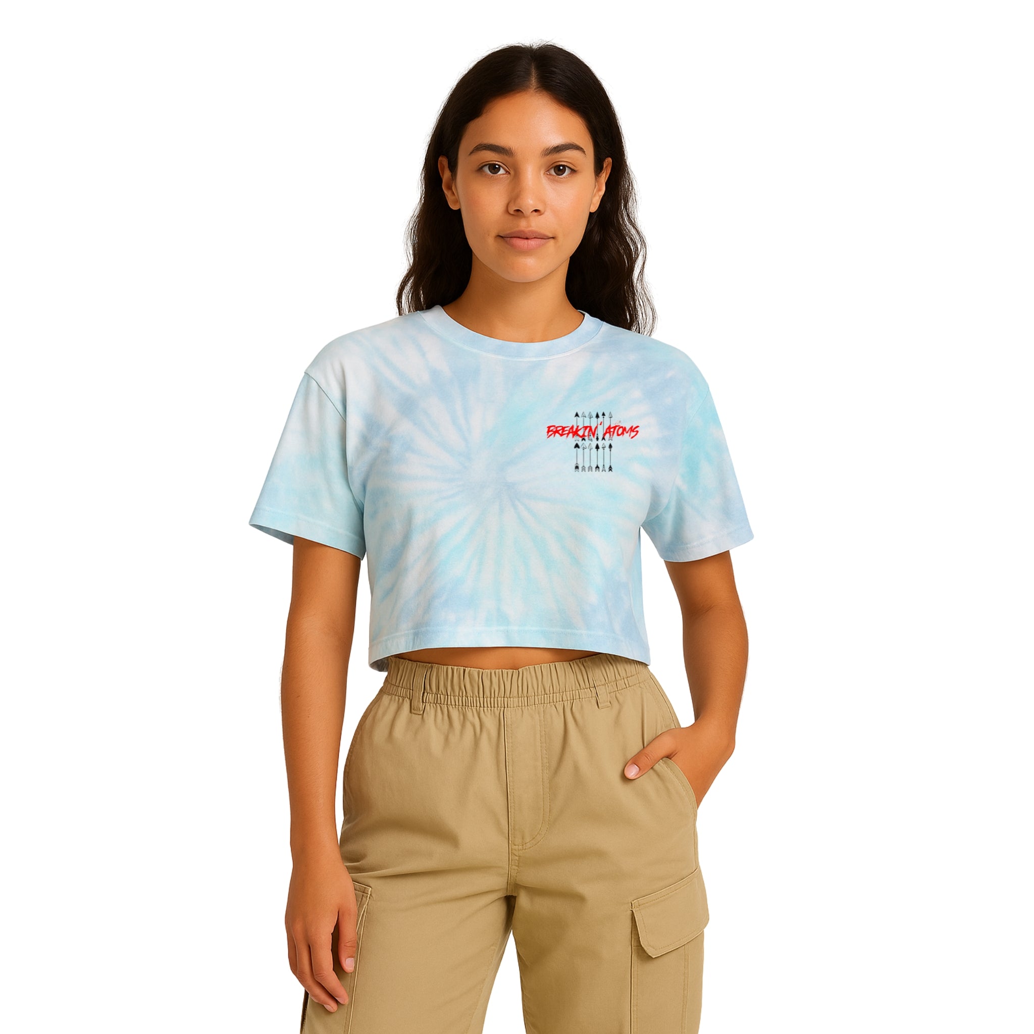 Breakin' Atoms Arrow Crop Top in tie-dye on model, perfect for casual streetwear