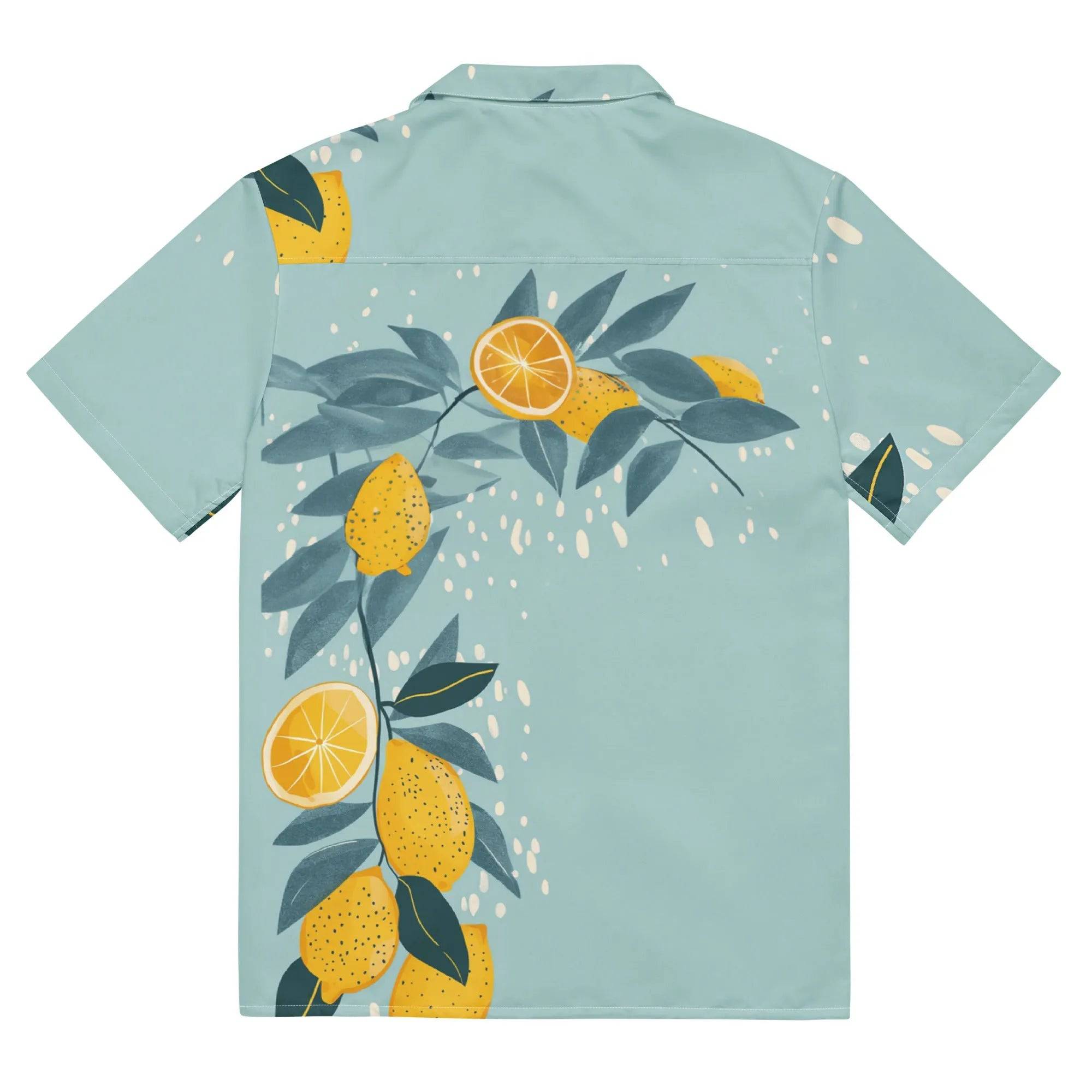 Model wearing Breakin' Atoms "Spring Citrus Serenade Button-Up," a vibrant short-sleeve shirt featuring fresh citrus fruit prints and spring floral accents — perfect for warm-weather style, vacations, and playful streetwear.