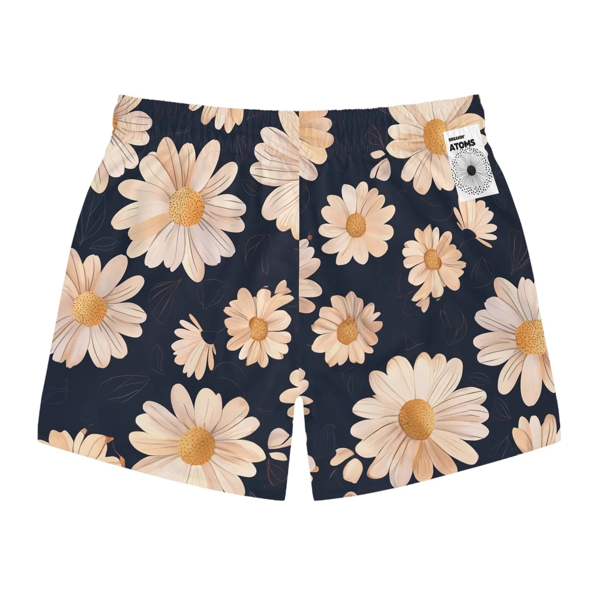 Breakin' Atoms "Daisy Dream Swim Trunks" featuring an all-over light daisy floral print on a dark background with white drawstrings — lightweight and breathable for warm weather, beachwear, or poolside lounging.