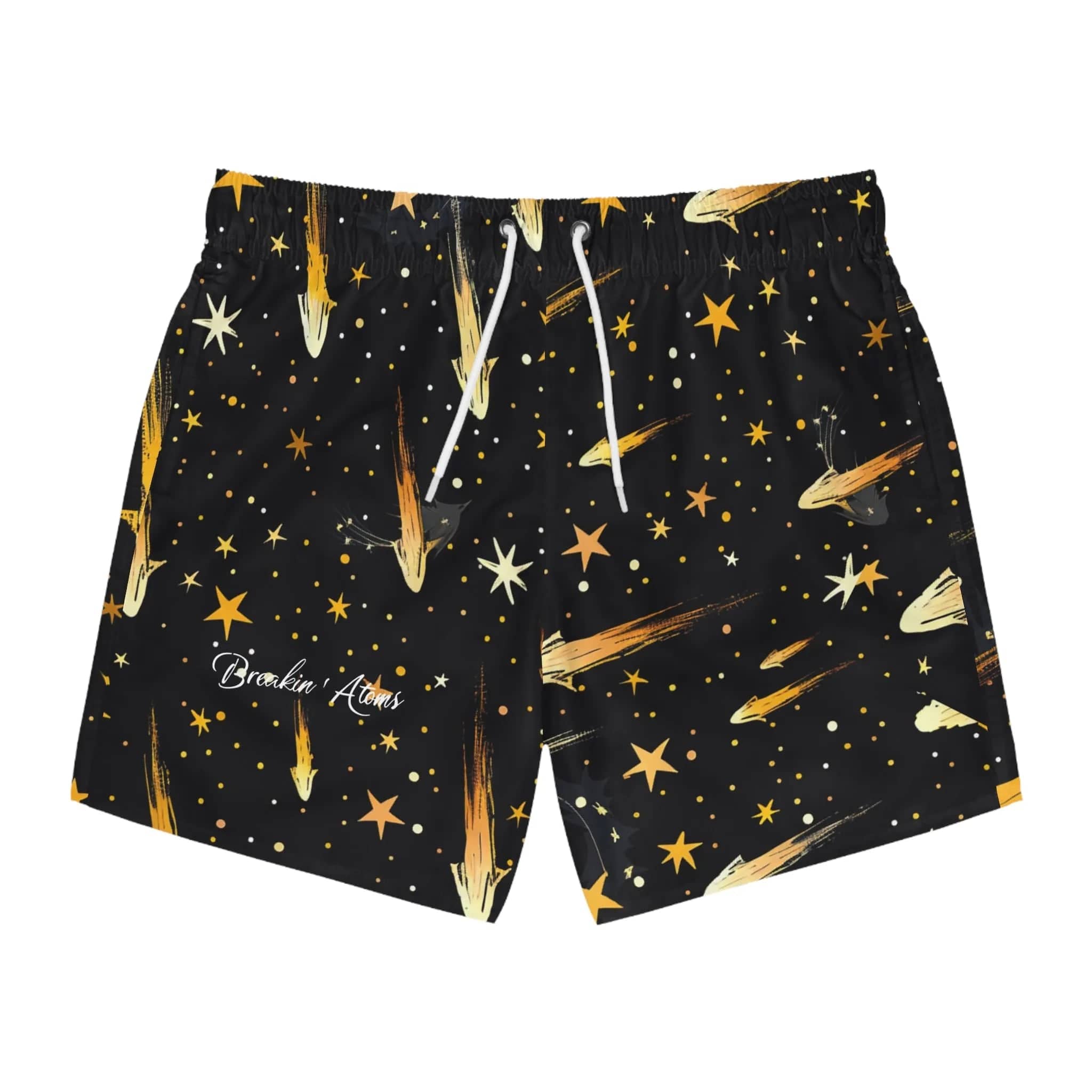 Model wearing Breakin' Atoms "Meteor Shower Shorts," featuring a dynamic all-over print inspired by cosmic meteor trails — a bold, space-themed statement piece designed for motion and impact.
