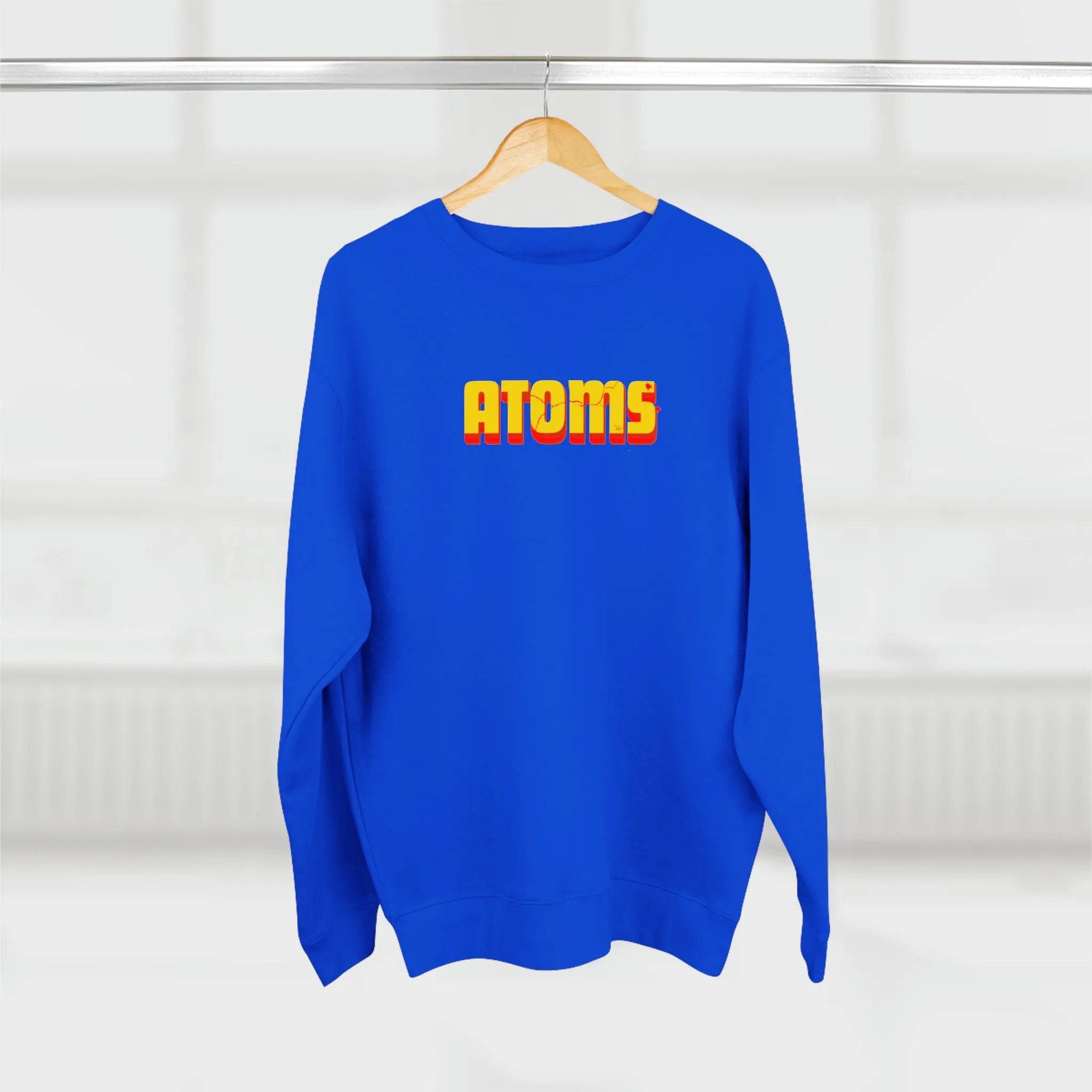 Model wearing Breakin' Atoms "The Atoms Graphic Sweater," a cozy crewneck sweater featuring a bold scientific-inspired atom design across the chest — fusing comfort with eye-catching, cerebral streetwear.