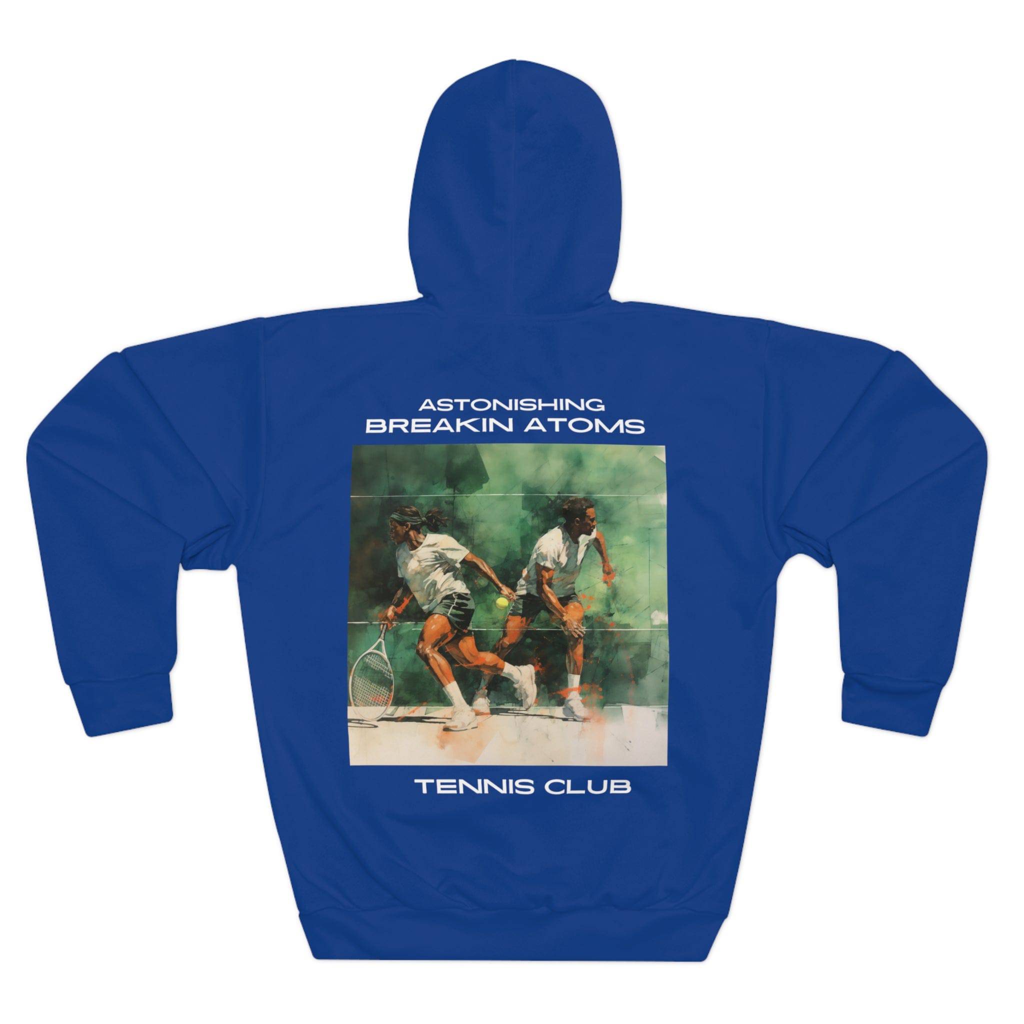 Model wearing the Astonishing Breakin’ Atoms "Tennis Club Sweater" — a classic crewneck with varsity-style lettering and retro tennis club branding, merging preppy sportswear with bold cultural streetwear.