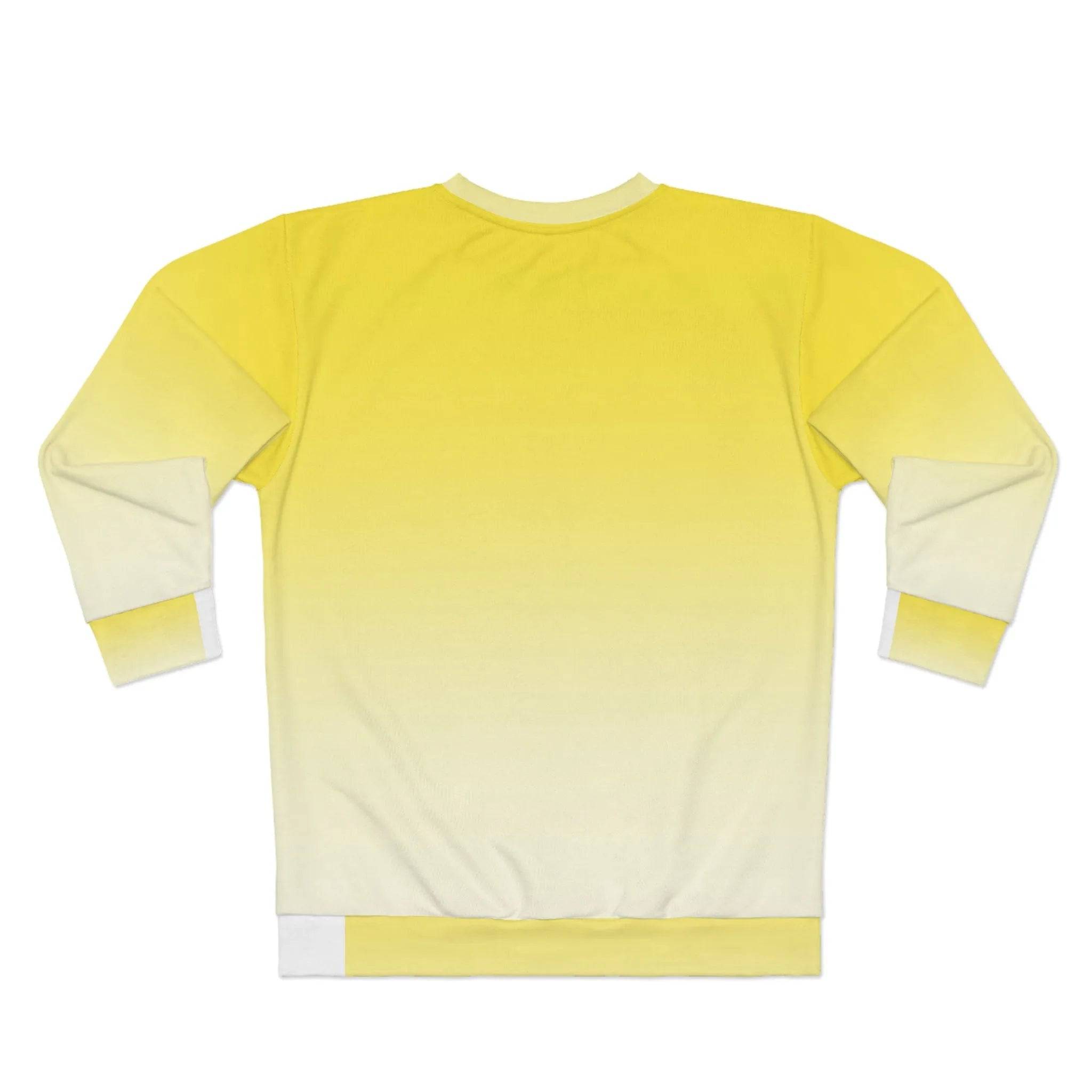 Model wearing Breakin' Atoms "Canary Yellow Sweater" with a smooth yellow ombré fade, relaxed fit, and classic crew neck — perfect for stylish layering in cool weather.