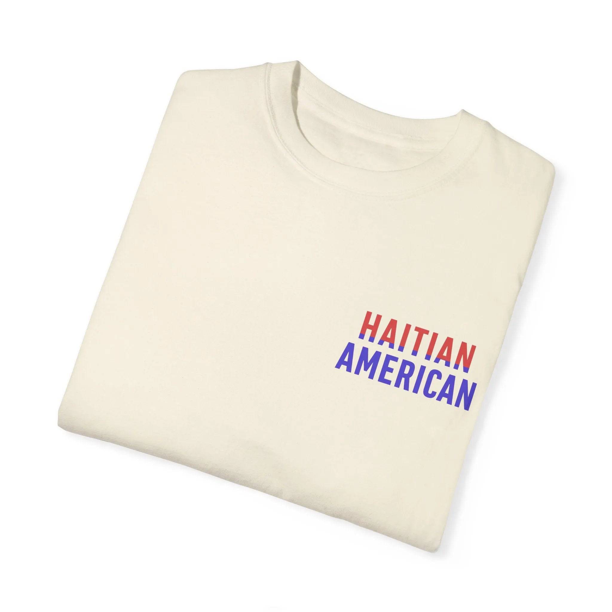 Model wearing Breakin' Atoms "Haitian American Tee," a short sleeve graphic shirt combining the Haitian and American flags in a bold, unified design that celebrates dual heritage and cultural pride.