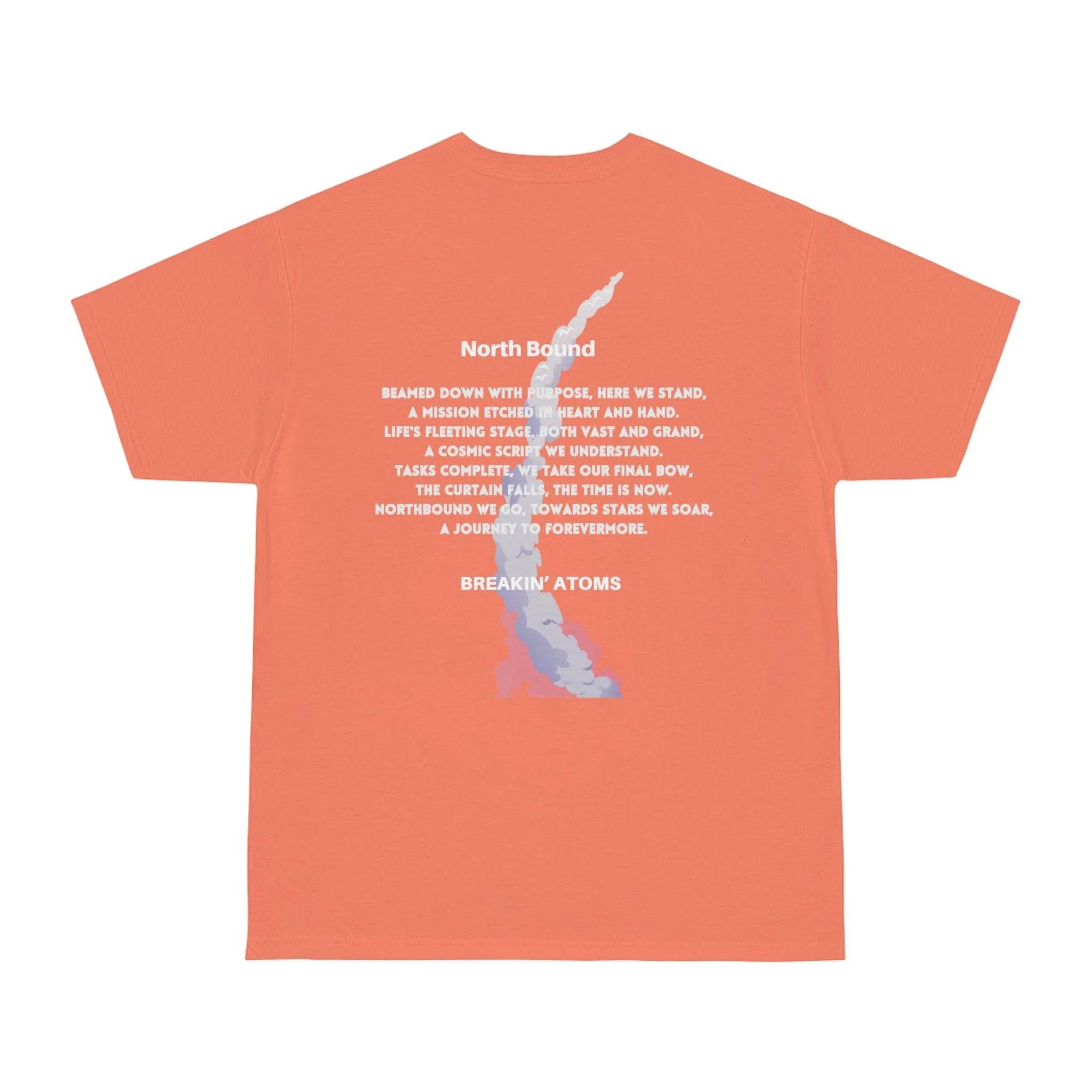 Model wearing Breakin' Atoms "Northbound" T-Shirt, featuring a minimalist yet directional graphic design centered on progress, purpose, and streetwear storytelling.