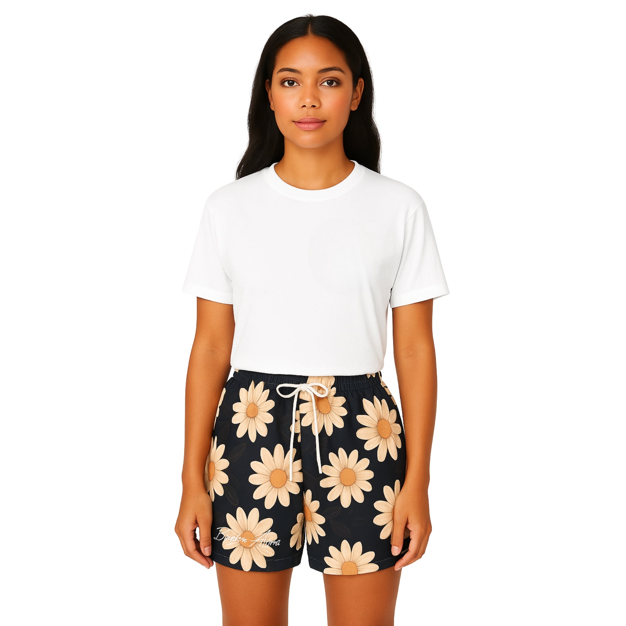 Breakin' Atoms "Daisy Dream Swim Trunks" featuring an all-over light daisy floral print on a dark background with white drawstrings — lightweight and breathable for warm weather, beachwear, or poolside lounging.