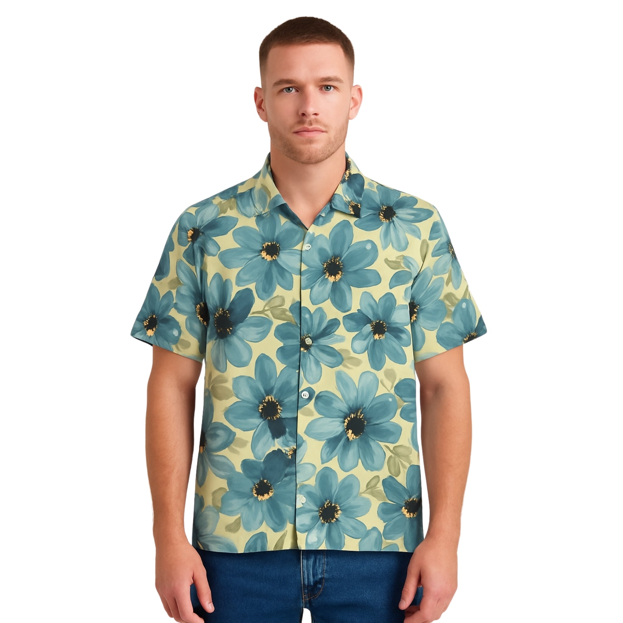 Model wearing Breakin' Atoms "Daisy Mosaic Vacation Button-Up," a lightweight short sleeve shirt with all-over abstract daisy floral print and relaxed fit — ideal for tropical getaways and summer street style.