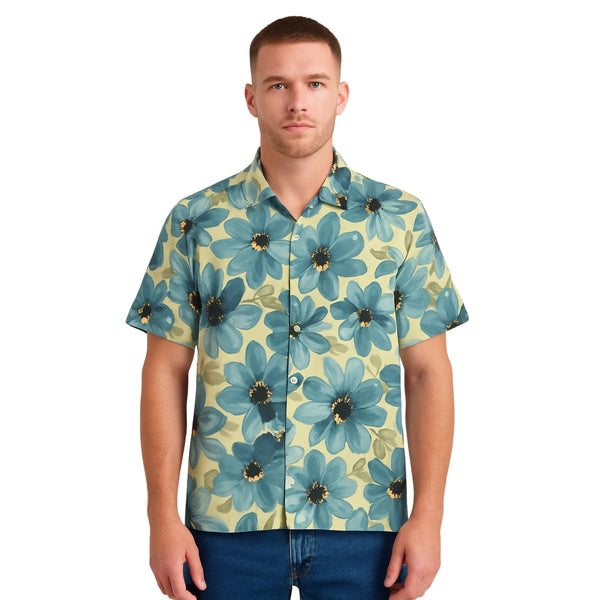 Model wearing Breakin' Atoms "Daisy Mosaic Vacation Button-Up," a lightweight short sleeve shirt with all-over abstract daisy floral print and relaxed fit — ideal for tropical getaways and summer street style.
