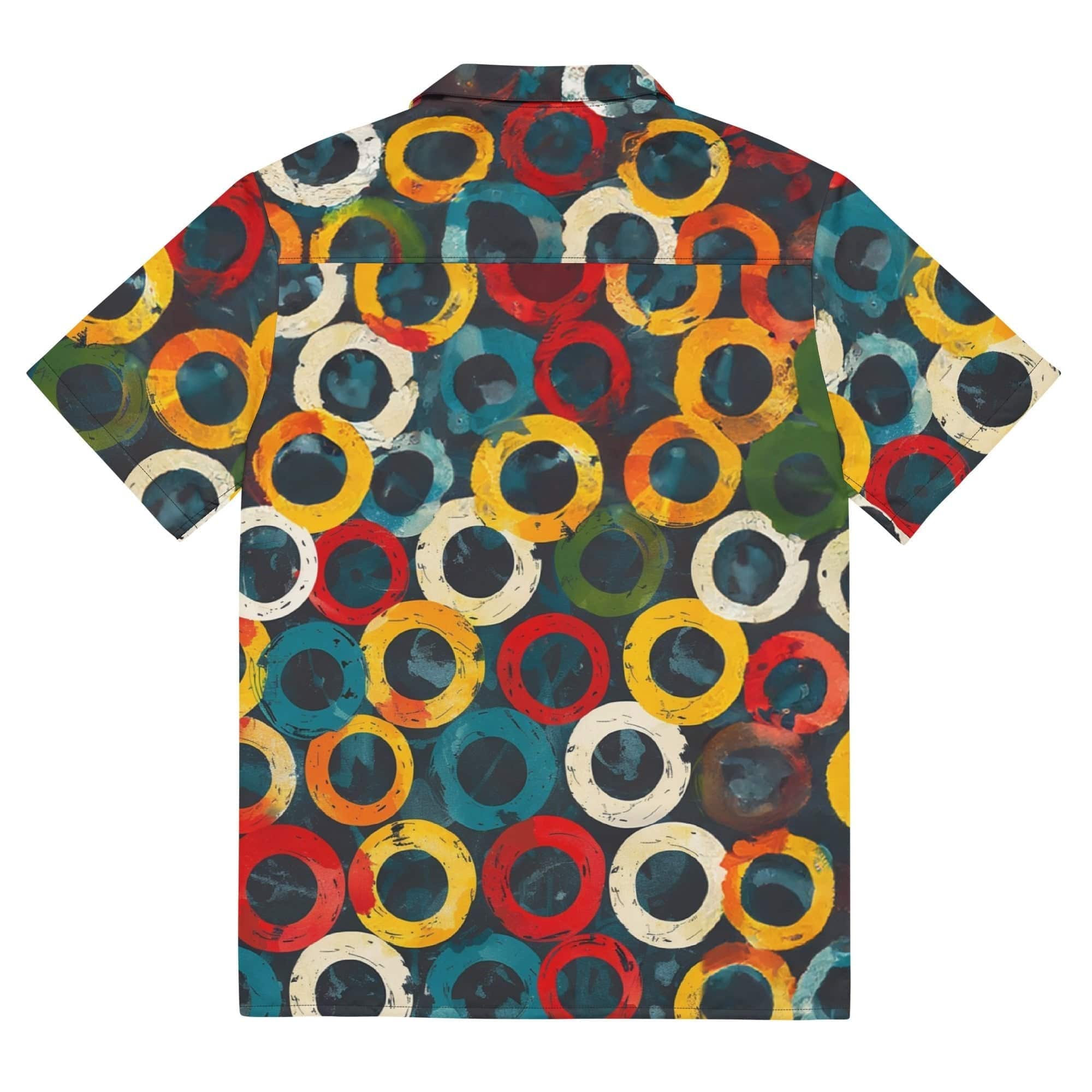 Model wearing Breakin' Atoms "Abstract Arcadia Button-Up" featuring a bold and artistic print in an open-collar short-sleeve design, perfect for creative summer styling.
