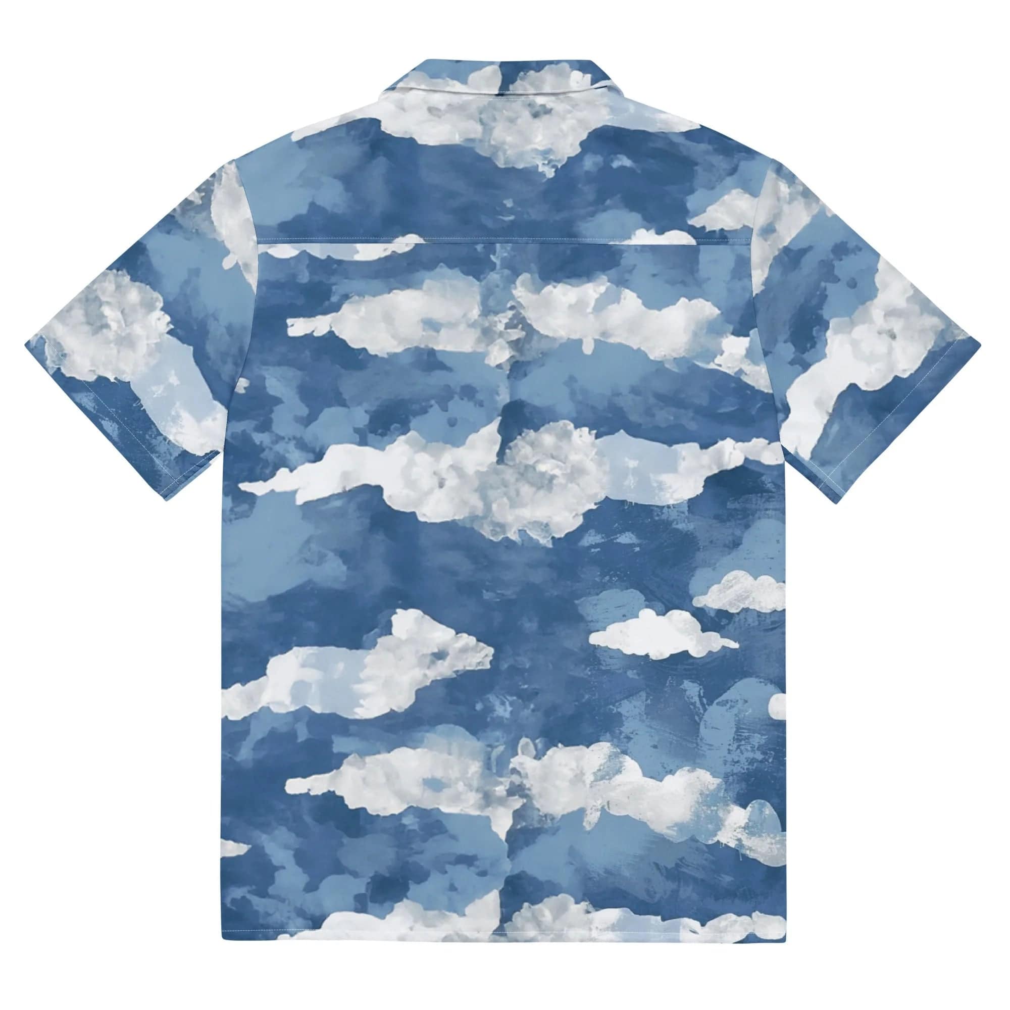 Model wearing Breakin' Atoms "Cloudspace Nimbus Button-Up," a short sleeve shirt with an abstract cloud-inspired blue and white gradient design — a dreamy yet structured summer statement piece.