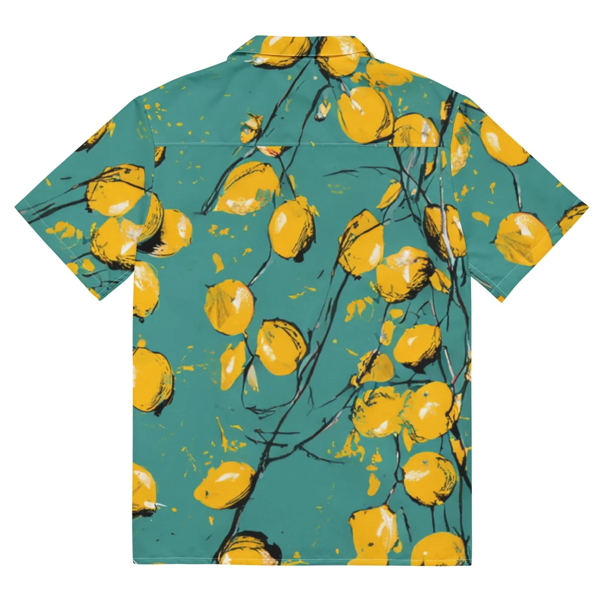 Model wearing Breakin' Atoms "Summer Citrus" shirt, a vibrant short-sleeve button-up featuring a bold lemon print on a bright green background — perfect for tropical getaways.