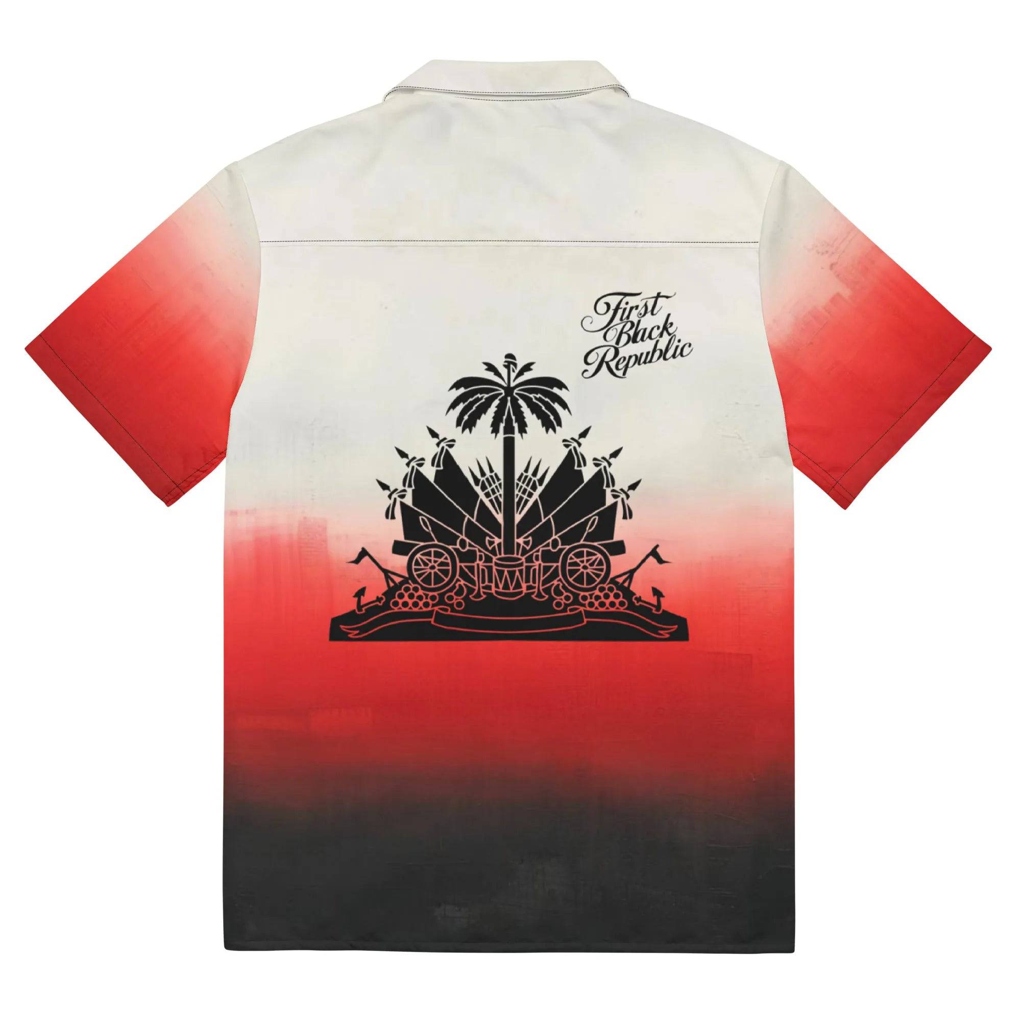 Breakin' Atoms "Unity Revolution Button-Up" shirt featuring the Haitian map, national motto “L’Union Fait La Force,” and the year 1804 — a tribute to the Haitian Revolution and bold cultural pride.