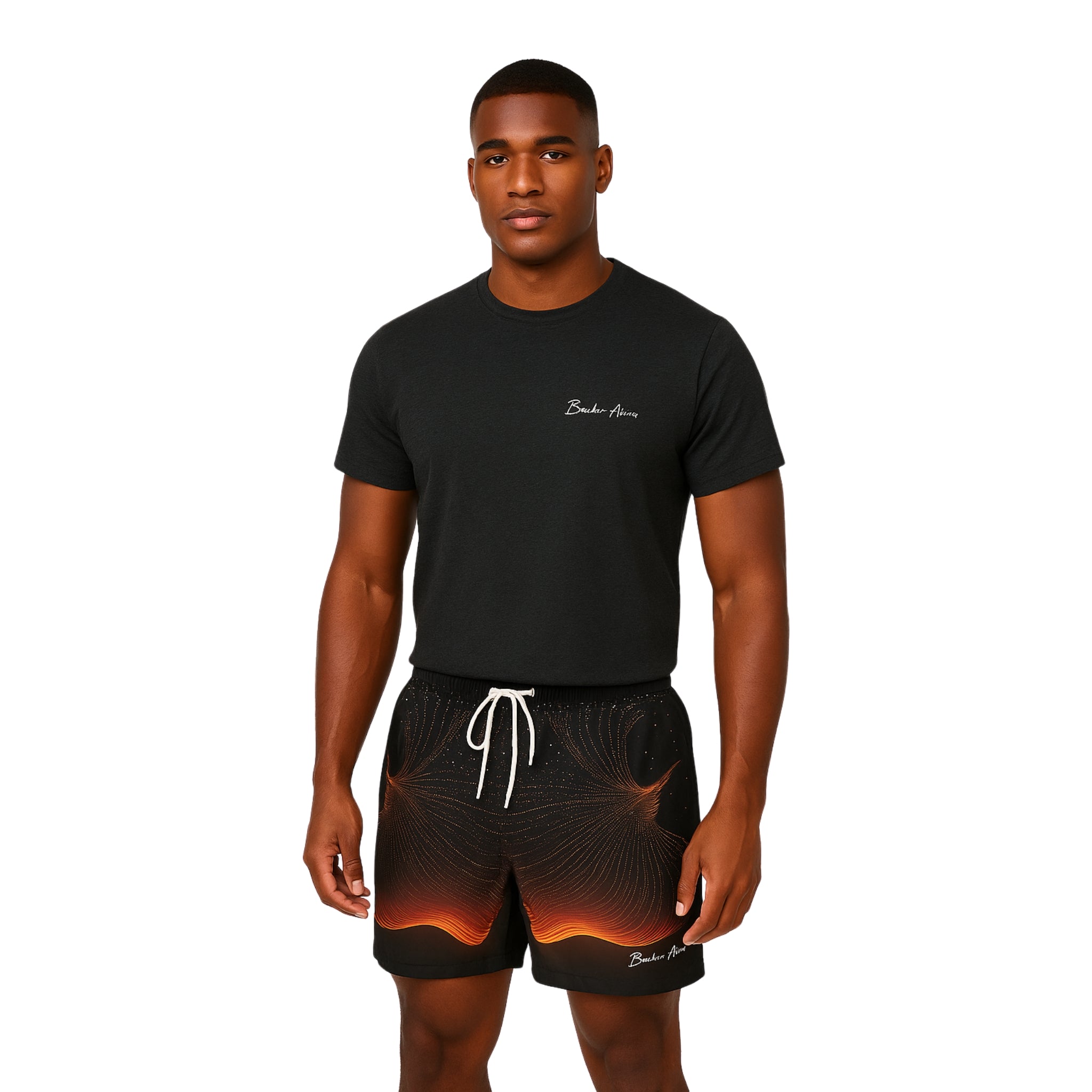 Model wearing Breakin' Atoms "Fiery Phoenix Shorts," black athletic-fit shorts featuring a vibrant rising phoenix graphic in red and orange — symbolizing power, rebirth, and unstoppable energy.