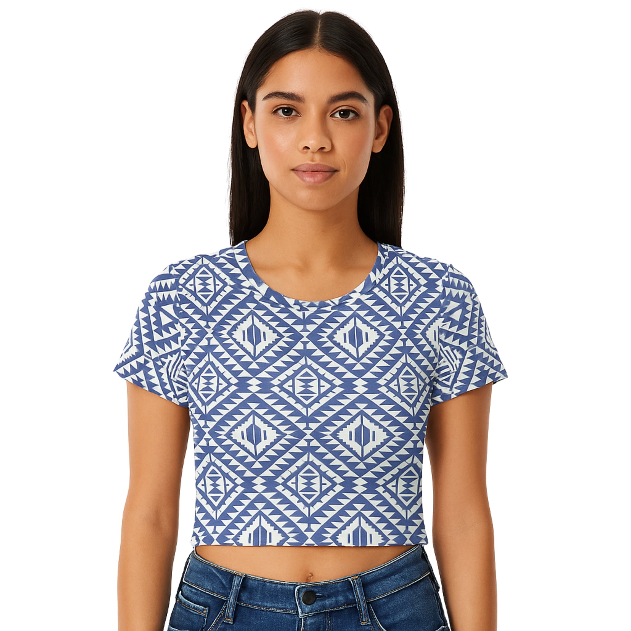 Model wearing Breakin' Atoms "Indigo Matrix Crop Top," a fitted, short-cut top with a digital-grid inspired pattern in indigo tones — bold, futuristic, and street-style ready.