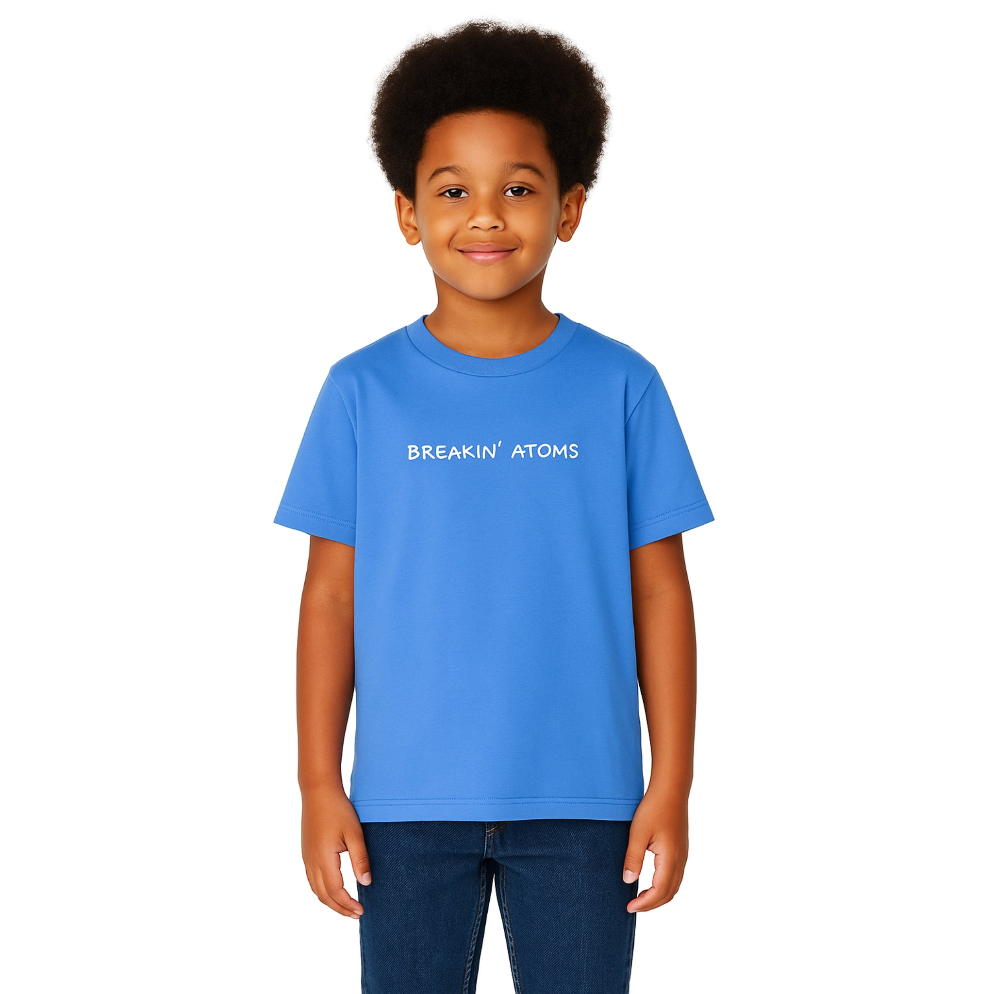 Child wearing the Breakin' Atoms Kids Tee in white, featuring clean Breakin’ Atoms logo print — a soft, versatile everyday shirt designed for active and expressive youth.