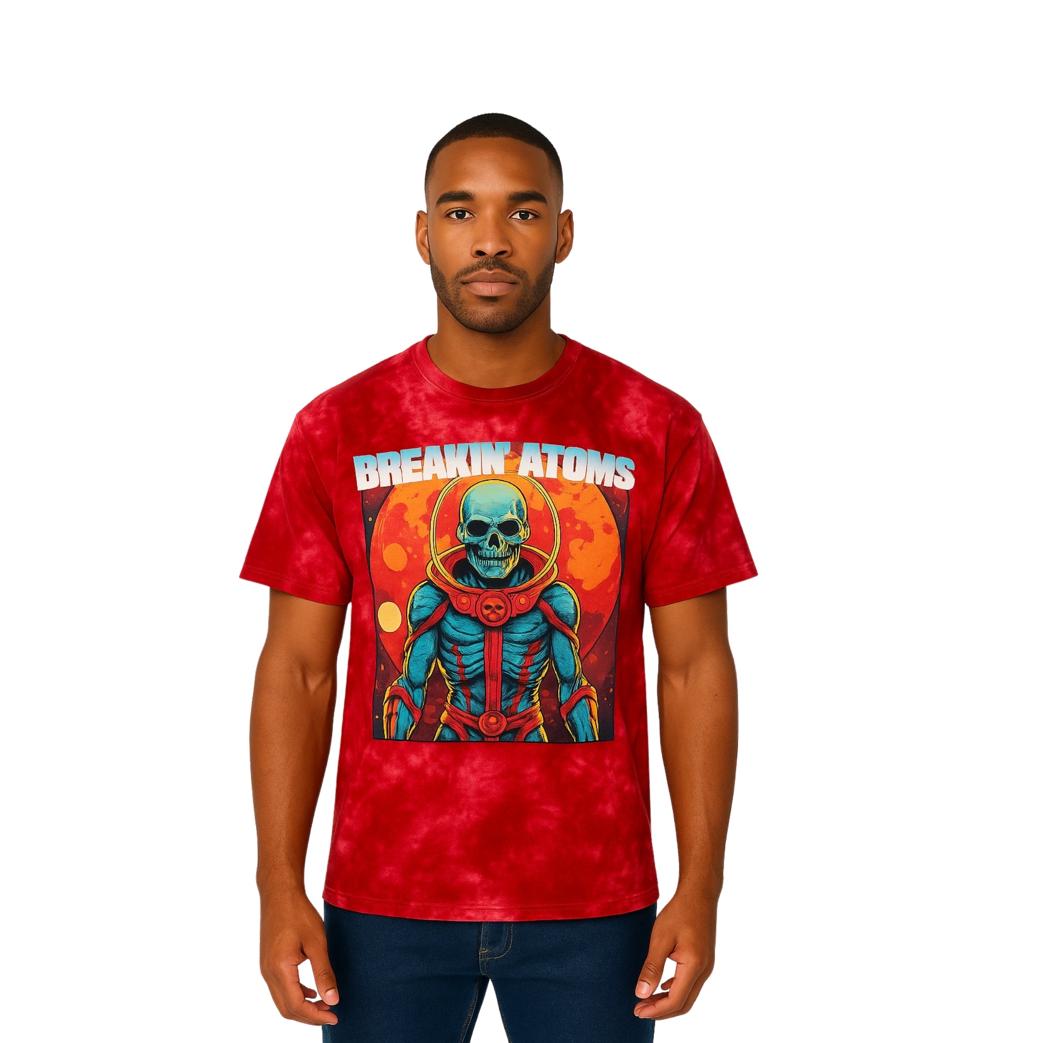 Model wearing Breakin' Atoms "Master of the Universe" Tee featuring a bold cosmic-themed graphic with futuristic text — a standout short-sleeve shirt for streetwear lovers and fans of retro sci-fi style.