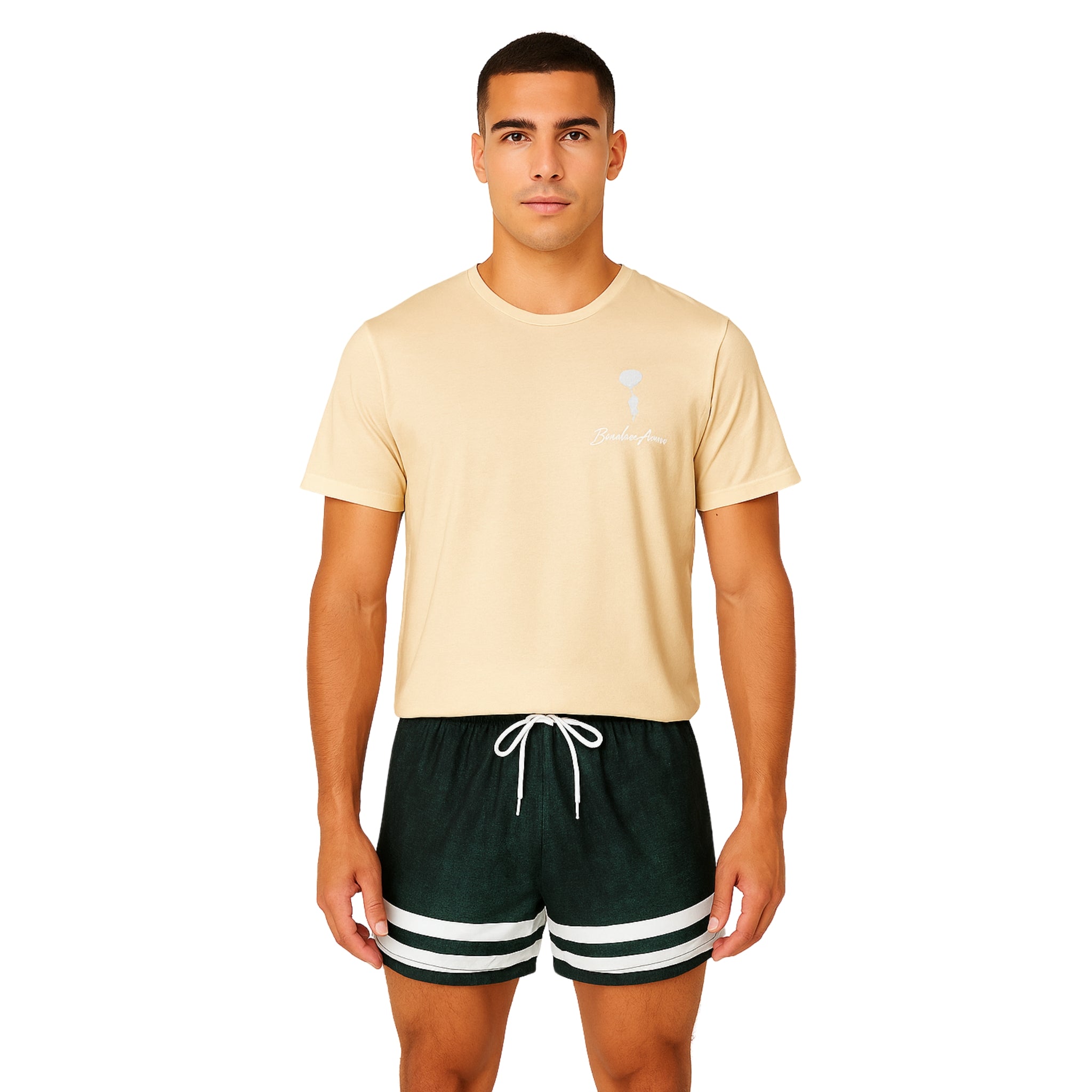 Model wearing Breakin' Atoms "Midnight Stride Shorts," solid black athletic-style shorts featuring subtle logo detailing and a clean cut — ideal for movement, comfort, and understated streetwear.