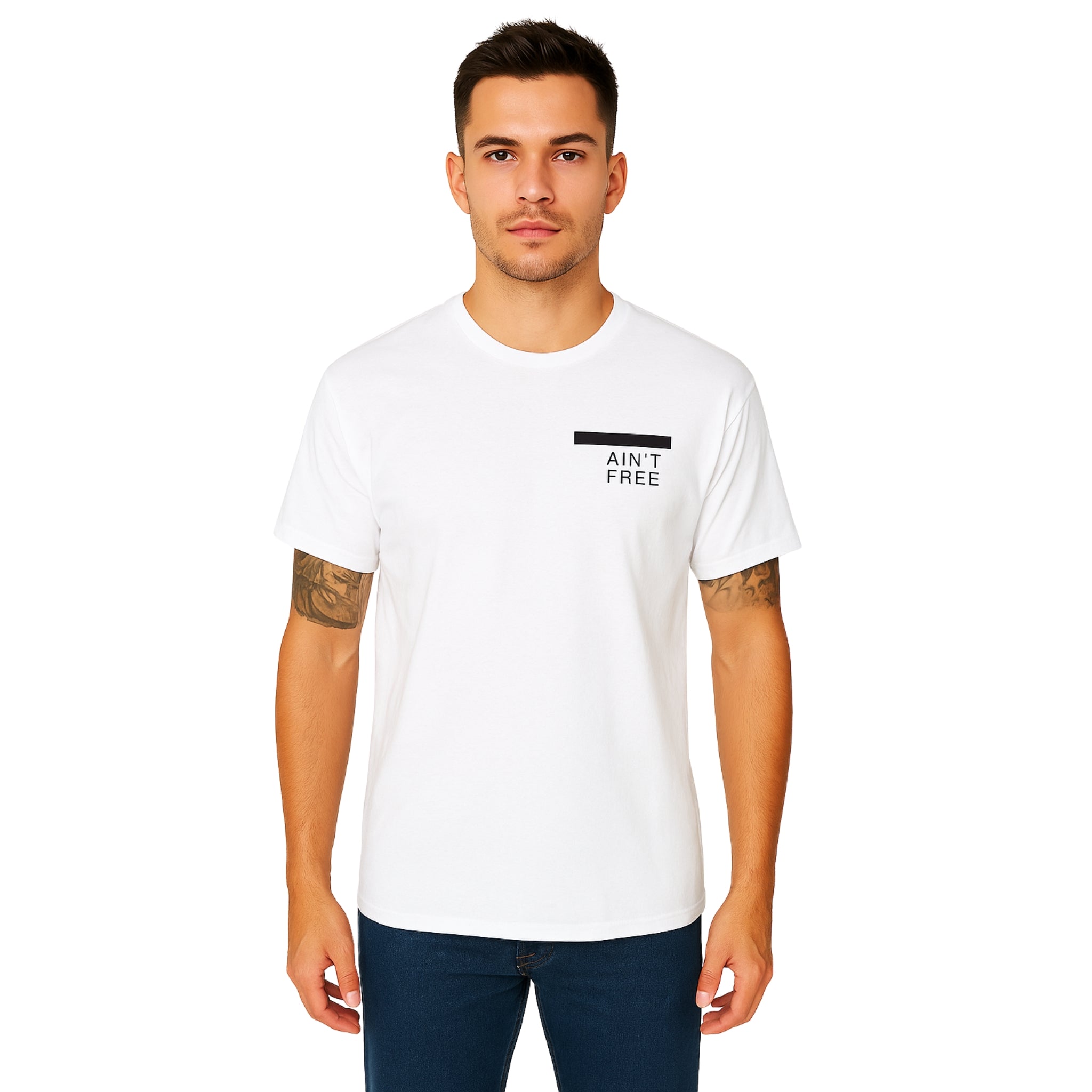 Model wearing Breakin' Atoms "Redacted Ain’t Free" Tee, a bold short sleeve t-shirt featuring censored text design that makes a powerful social statement — ideal for politically conscious streetwear.