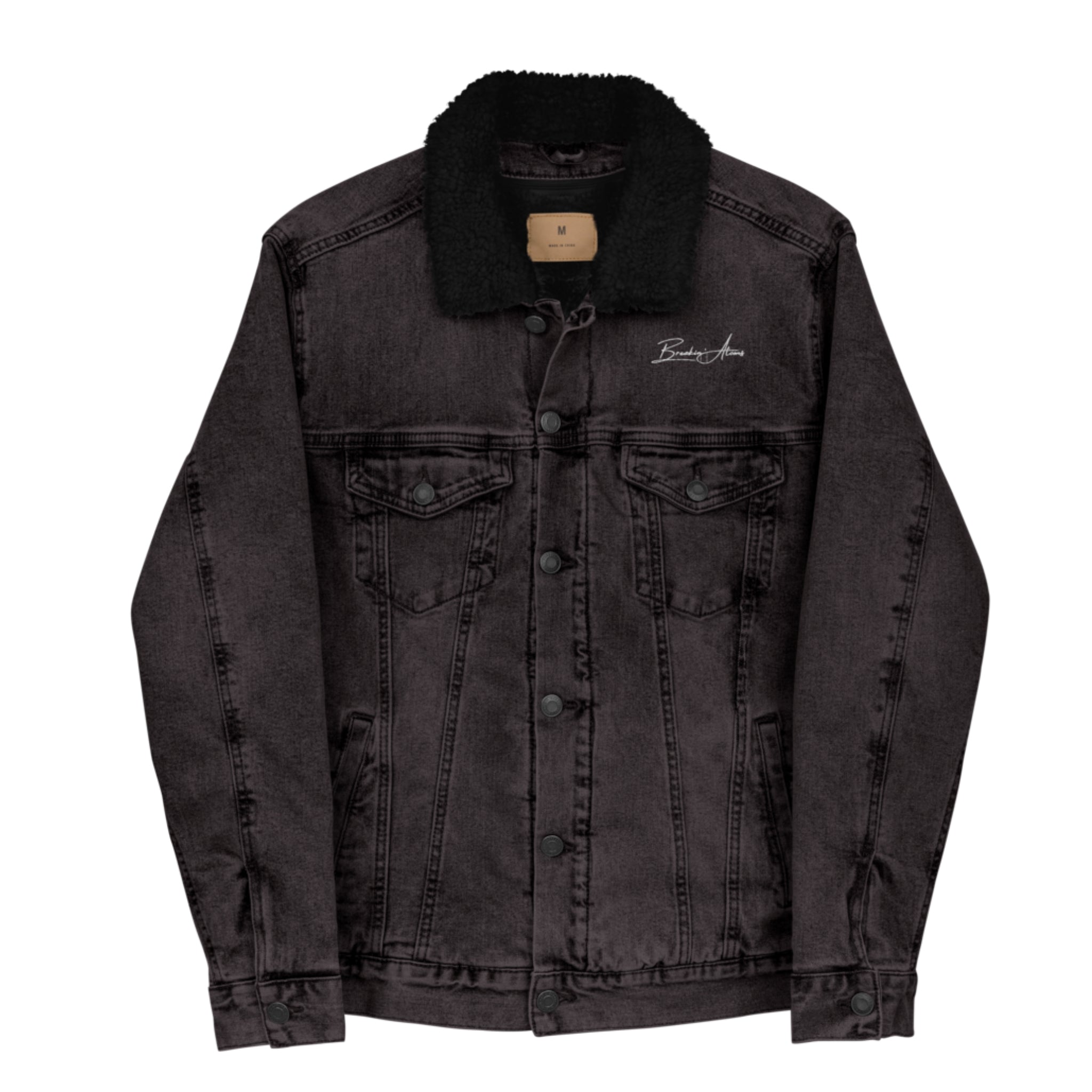 Breakin' Atoms "Atoms Sherpa-Lined Denim Classic" jacket featuring a vintage black wash, contrast black sherpa collar, and signature embroidered logo on the chest.