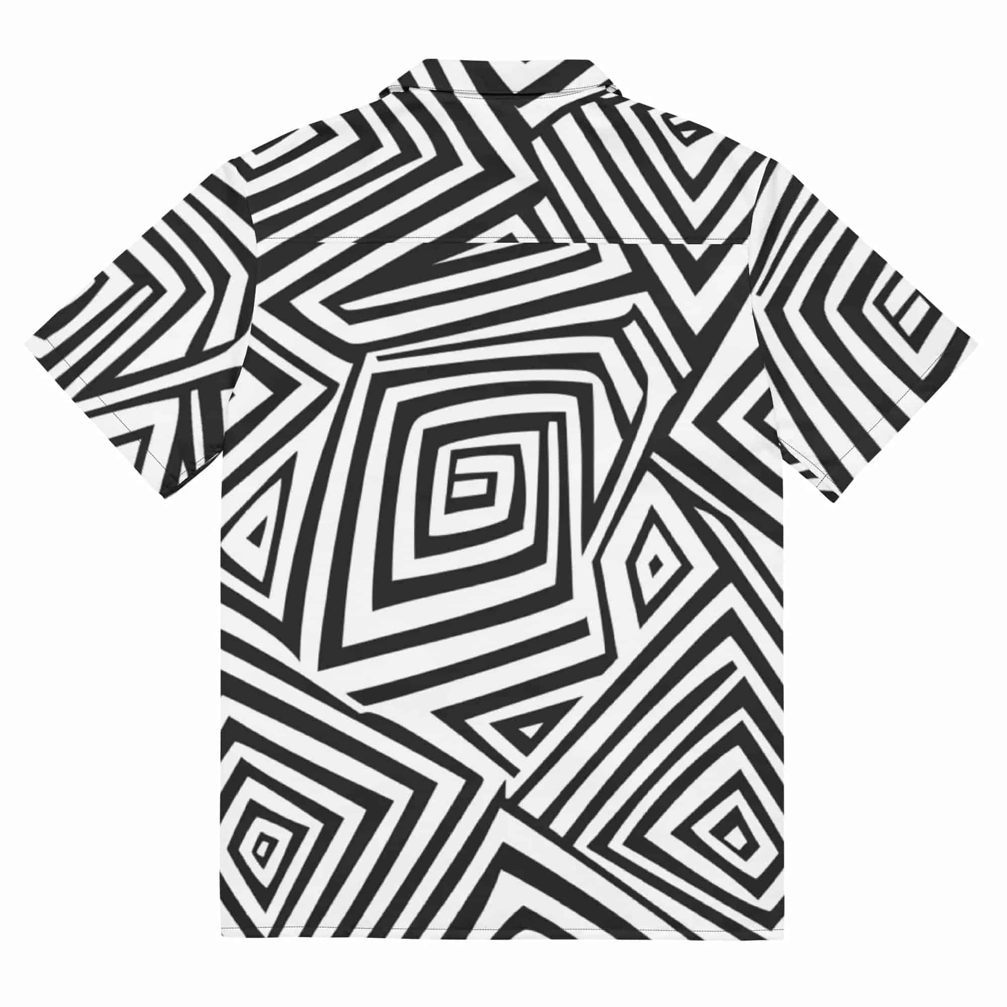 Model wearing Breakin' Atoms "Atomique Vibe Shirt," a short-sleeve dress shirt with bold black and white geometric vortex pattern for a modern