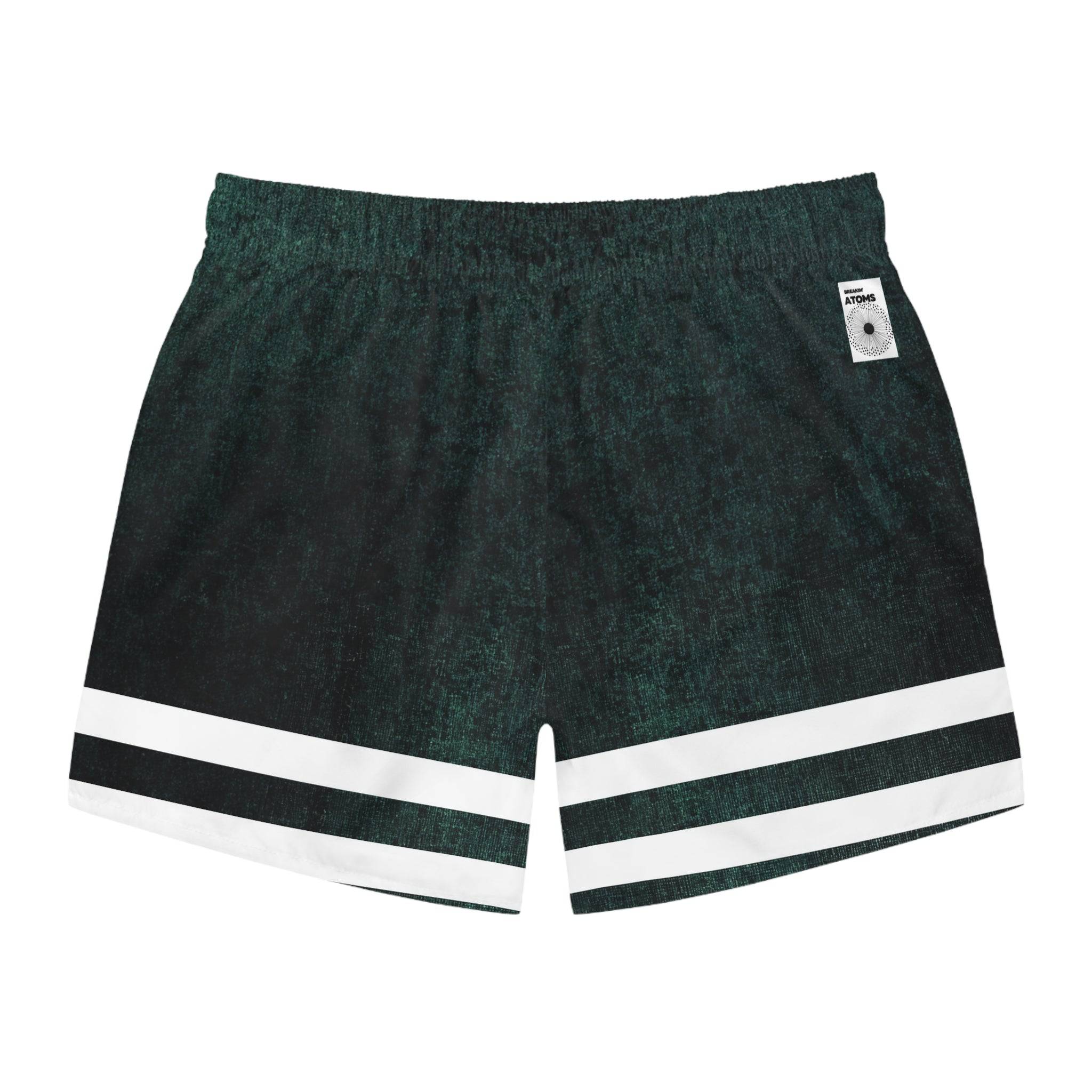 Model wearing Breakin' Atoms "Midnight Stride Shorts," solid black athletic-style shorts featuring subtle logo detailing and a clean cut — ideal for movement, comfort, and understated streetwear.