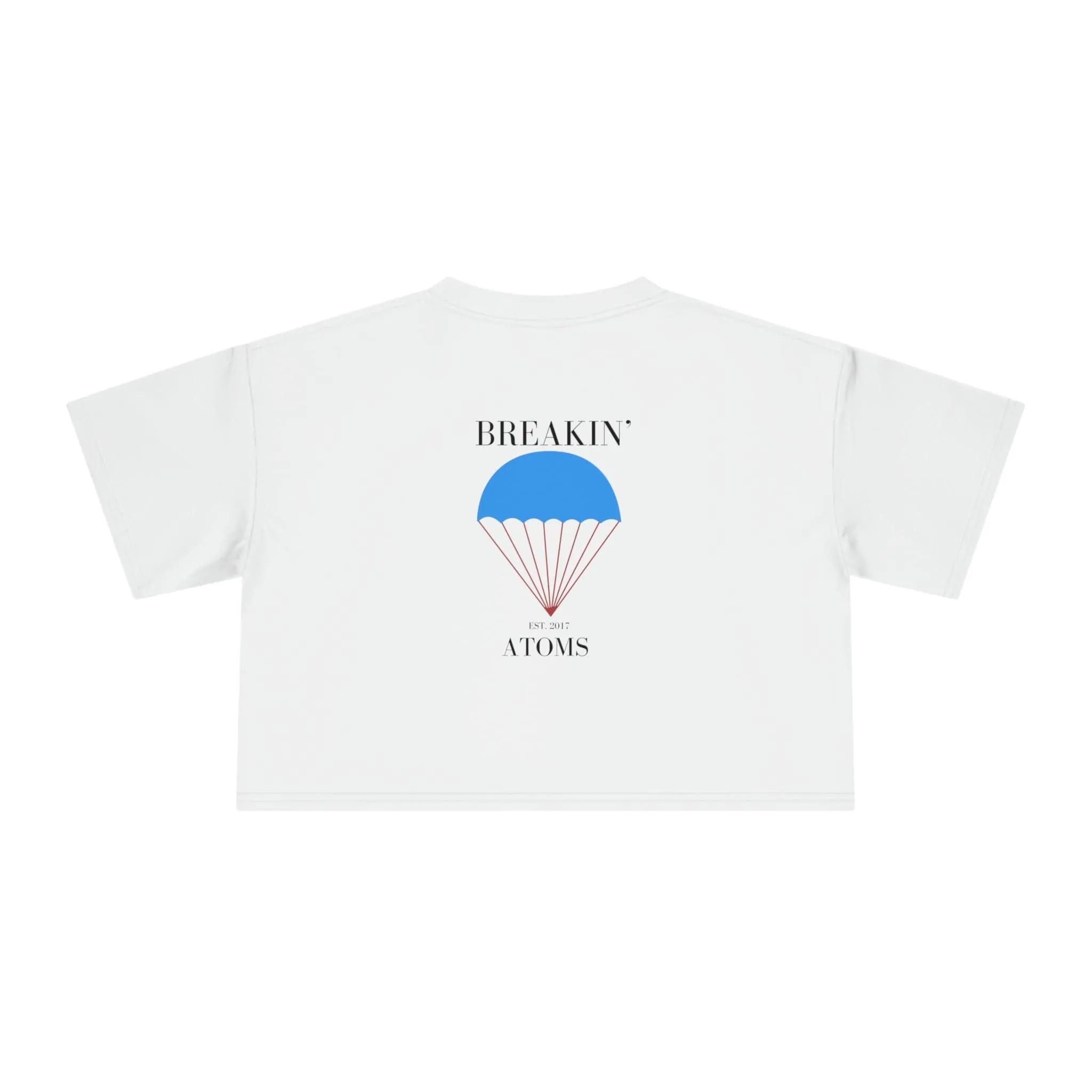 Back of Breakin' Atoms "Parachute Monogram Women's Crop Tee" highlighting the cropped silhouette and minimal finish — designed for versatile everyday wear with a bold streetwear edge.