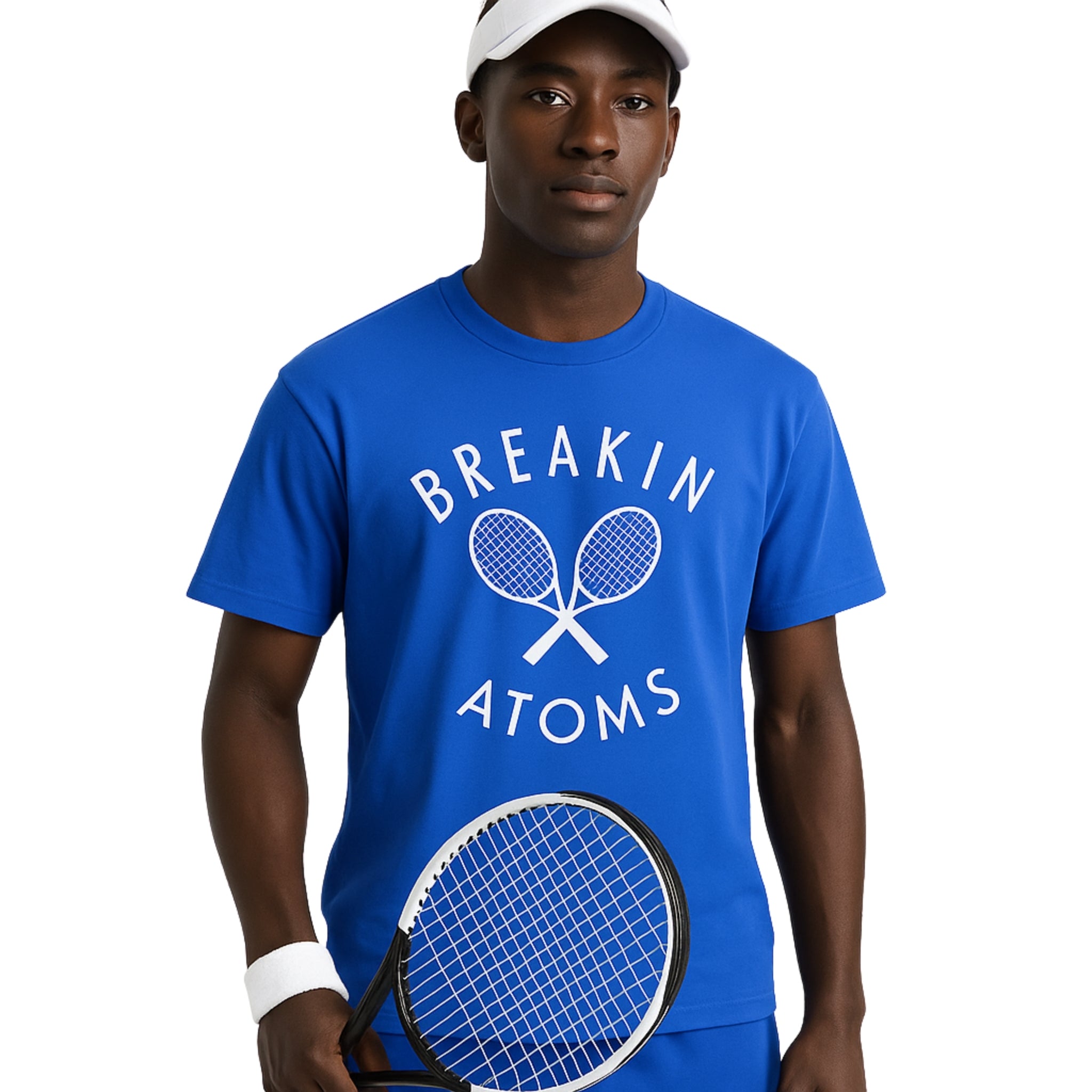 Model wearing Breakin' Atoms Tennis Shirt in red, featuring an athletic fit, performance fabric, and classic polo collar — perfect for tennis or casual sport-inspired streetwear.
