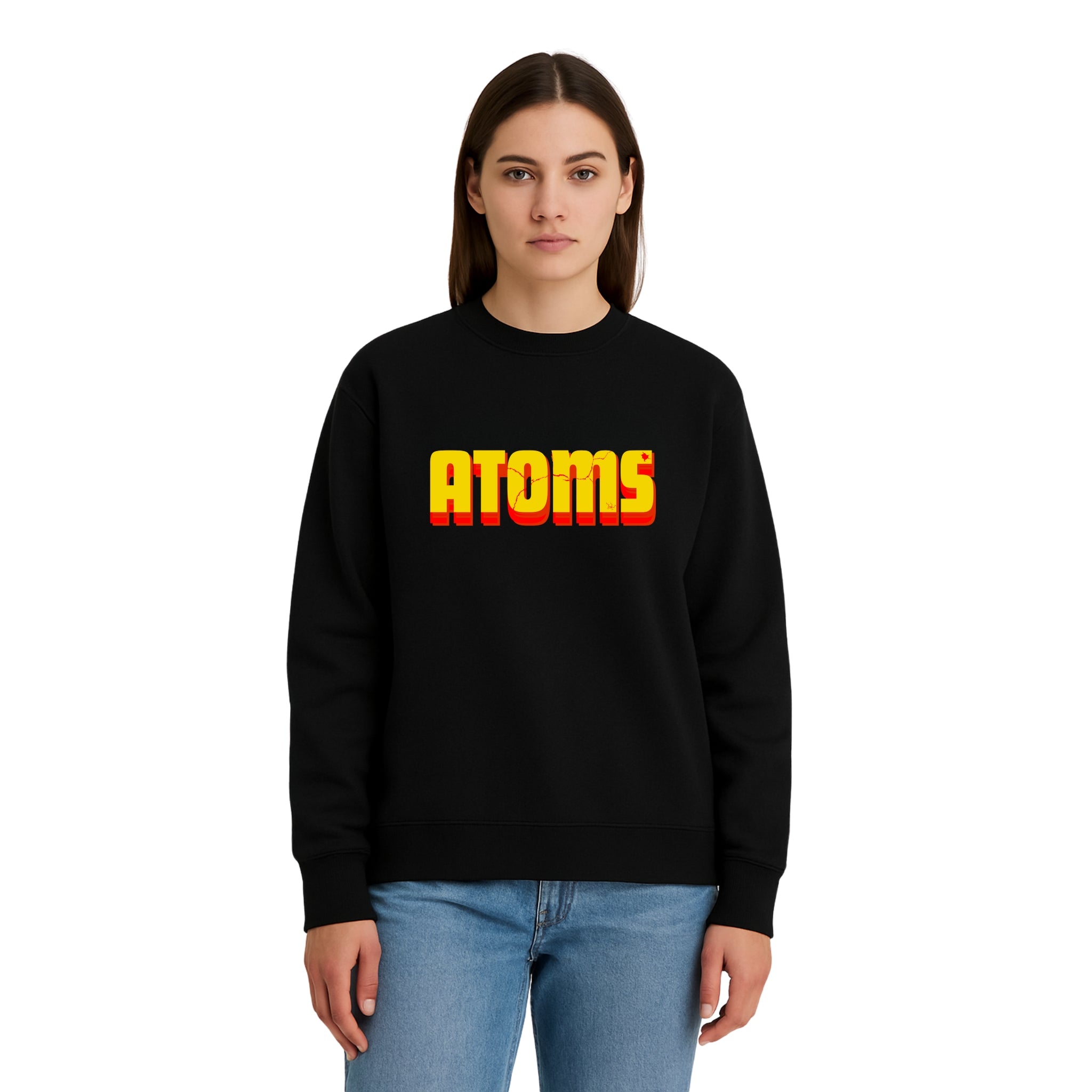 Model wearing Breakin' Atoms "The Atoms Graphic Sweater," a cozy crewneck sweater featuring a bold scientific-inspired atom design across the chest — fusing comfort with eye-catching, cerebral streetwear.