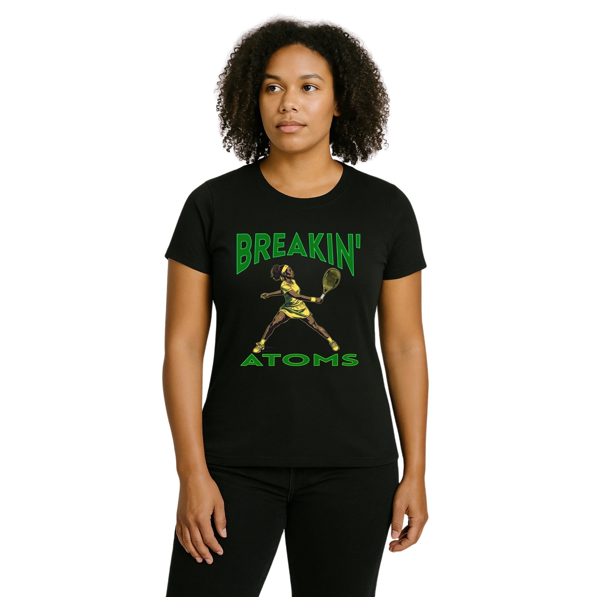Breakin' Atoms "Trailblazer Tennis Shirt" featuring a vintage-inspired graphic of a powerful Black woman tennis player mid-swing, with bold neon green Breakin’ Atoms text — a celebration of athletic excellence and cultural pride.