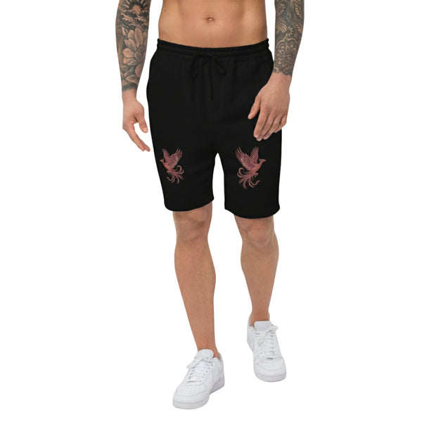 Model wearing black Breakin’ Atoms Twin Flam Shorts with twin red phoenix DTF prints on front thighs.