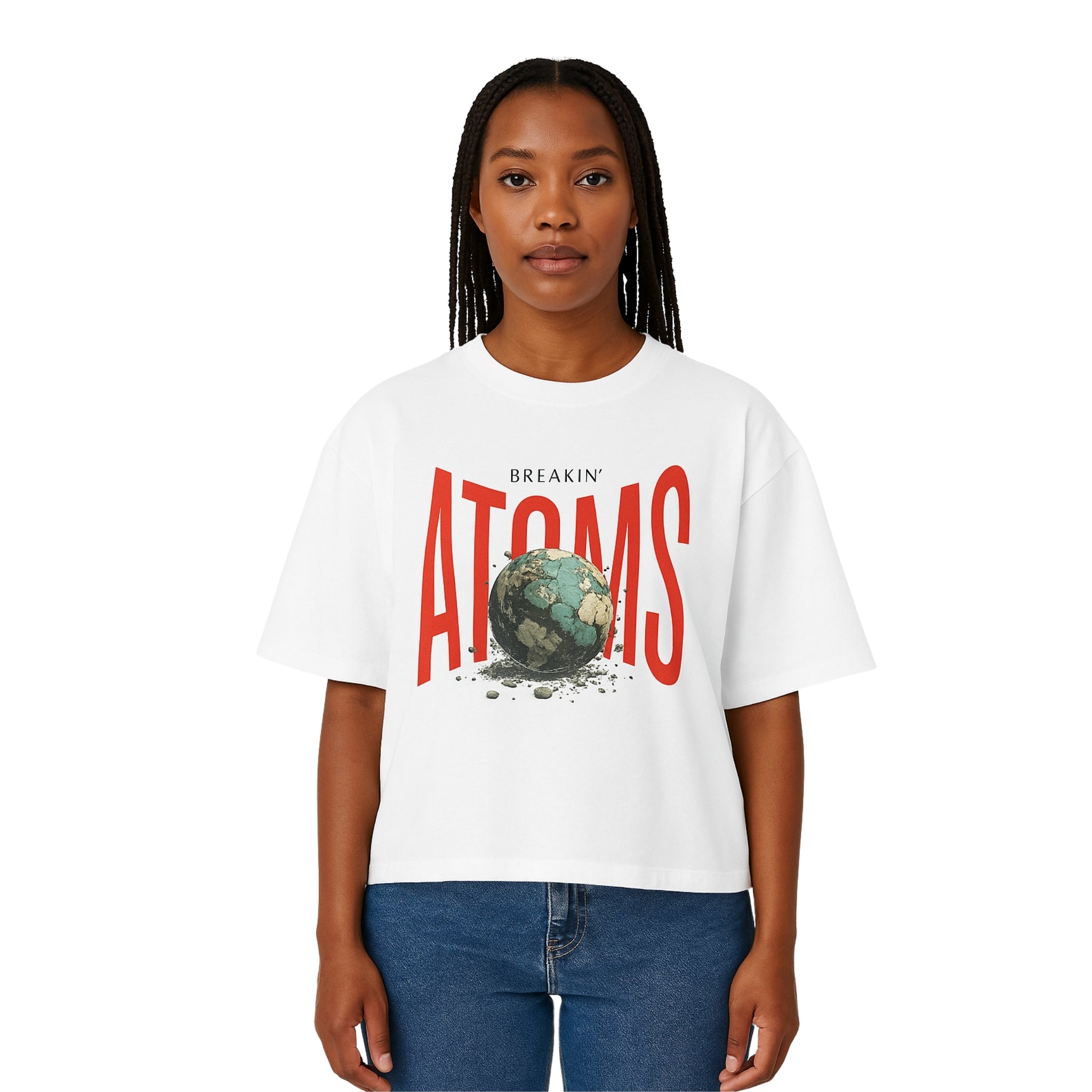 Model wearing Breakin' Atoms "Velocity Tee," a short sleeve graphic t-shirt with racing-inspired typography and motion-forward design — built to reflect speed, drive, and a bold streetwear identity.