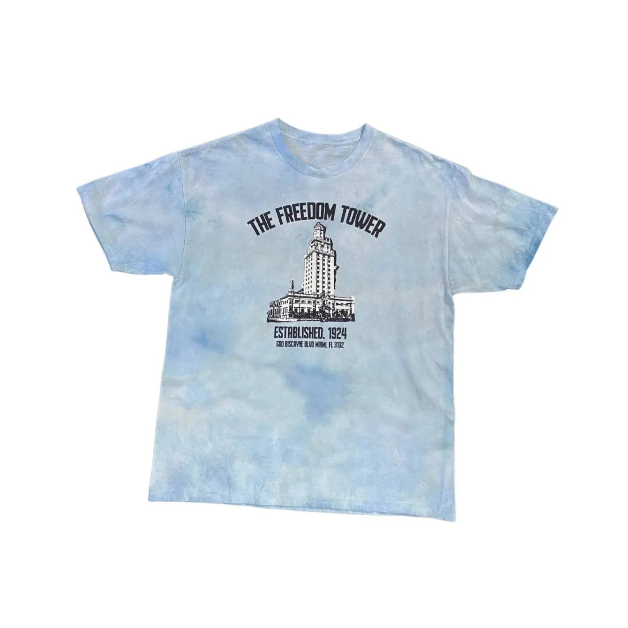 "Close-up of Freedom Tower graphic on Breakin' Atoms Ice Blue Tie-Dye T-Shirt – Bold design with urban streetwear appeal"