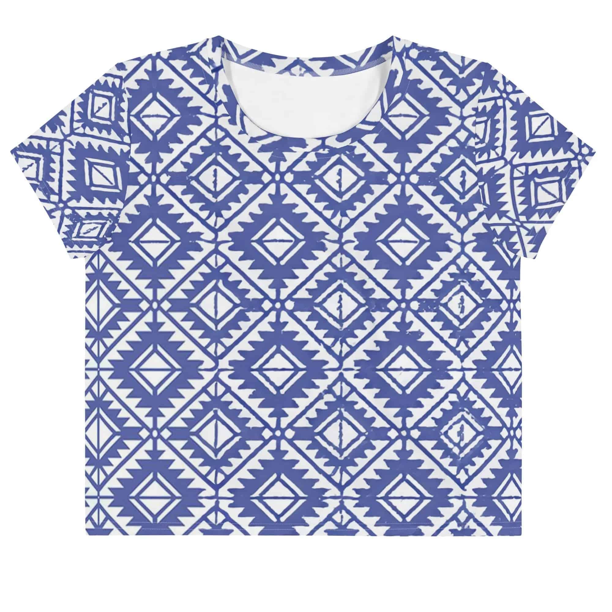 Model wearing Breakin' Atoms "Indigo Matrix Crop Top," a fitted, short-cut top with a digital-grid inspired pattern in indigo tones — bold, futuristic, and street-style ready.
