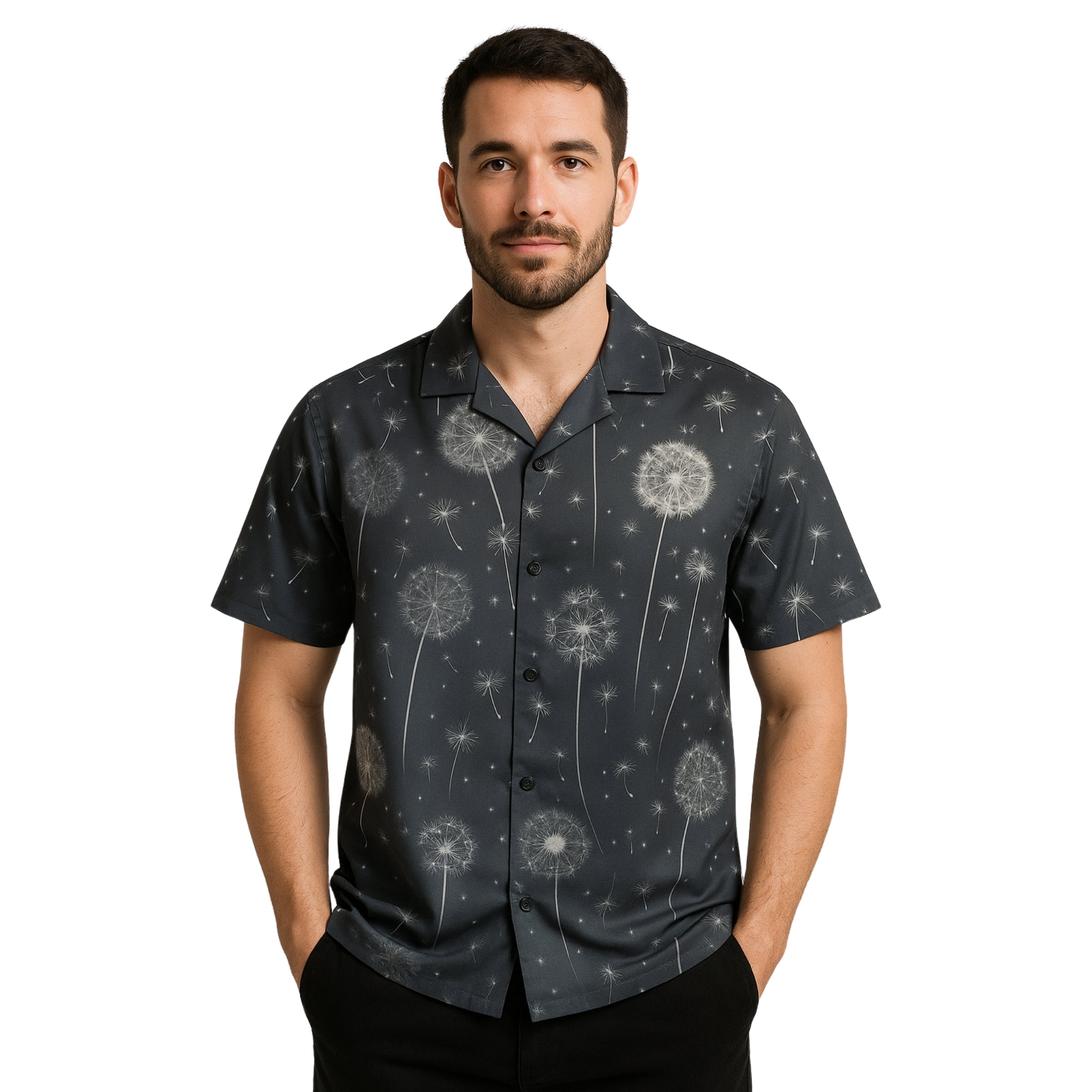 Model wearing Breezy Spheres button-down shirt by Breakin' Atoms – Trendy urban fashion for a casual yet stylish look"