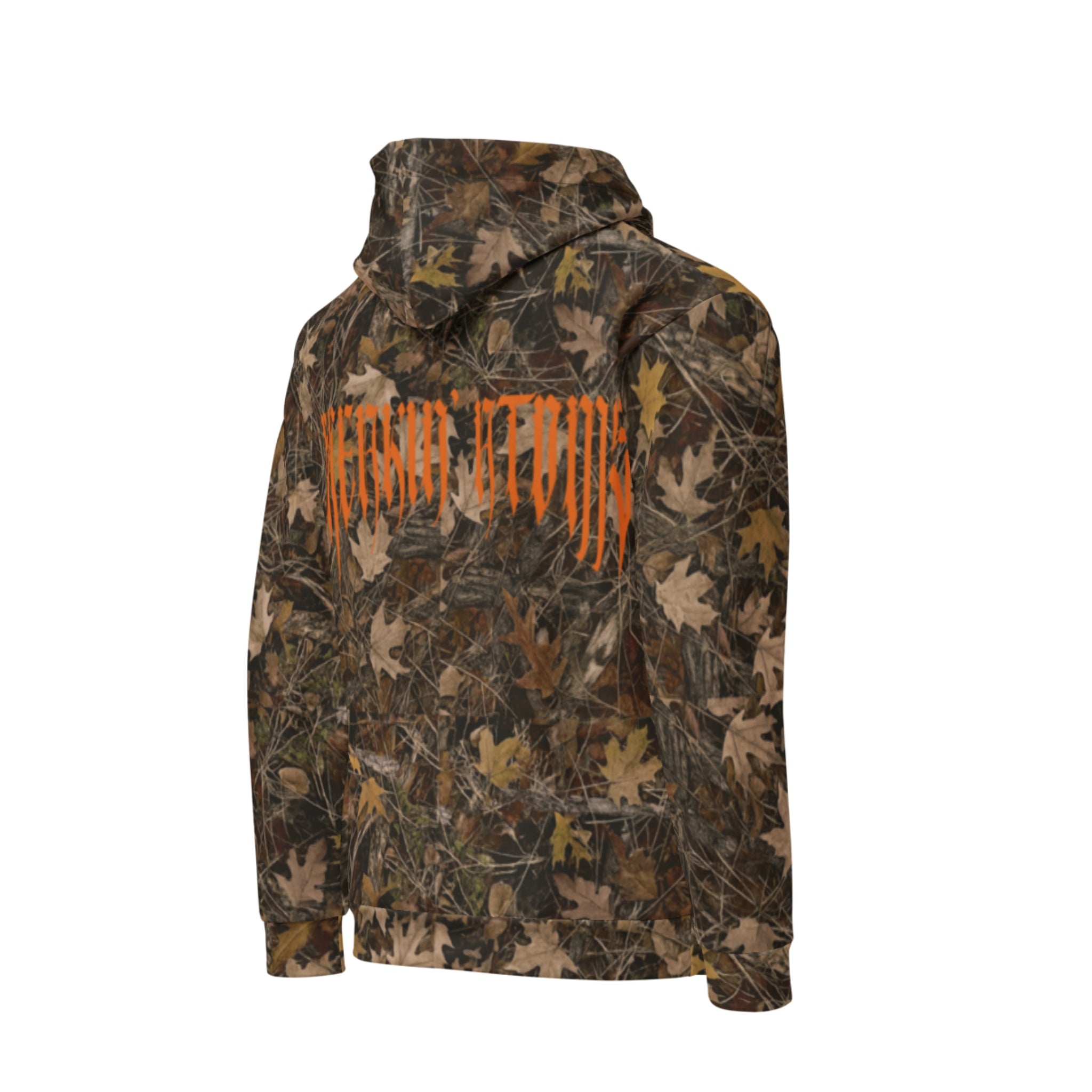 Front view of a Breakin’ Atoms camouflage hoodie in a fall leaf pattern with brown, tan, and olive tones. The hoodie features a kangaroo pocket and an orange gothic-style Breakin’ Atoms logo printed on the left chest.