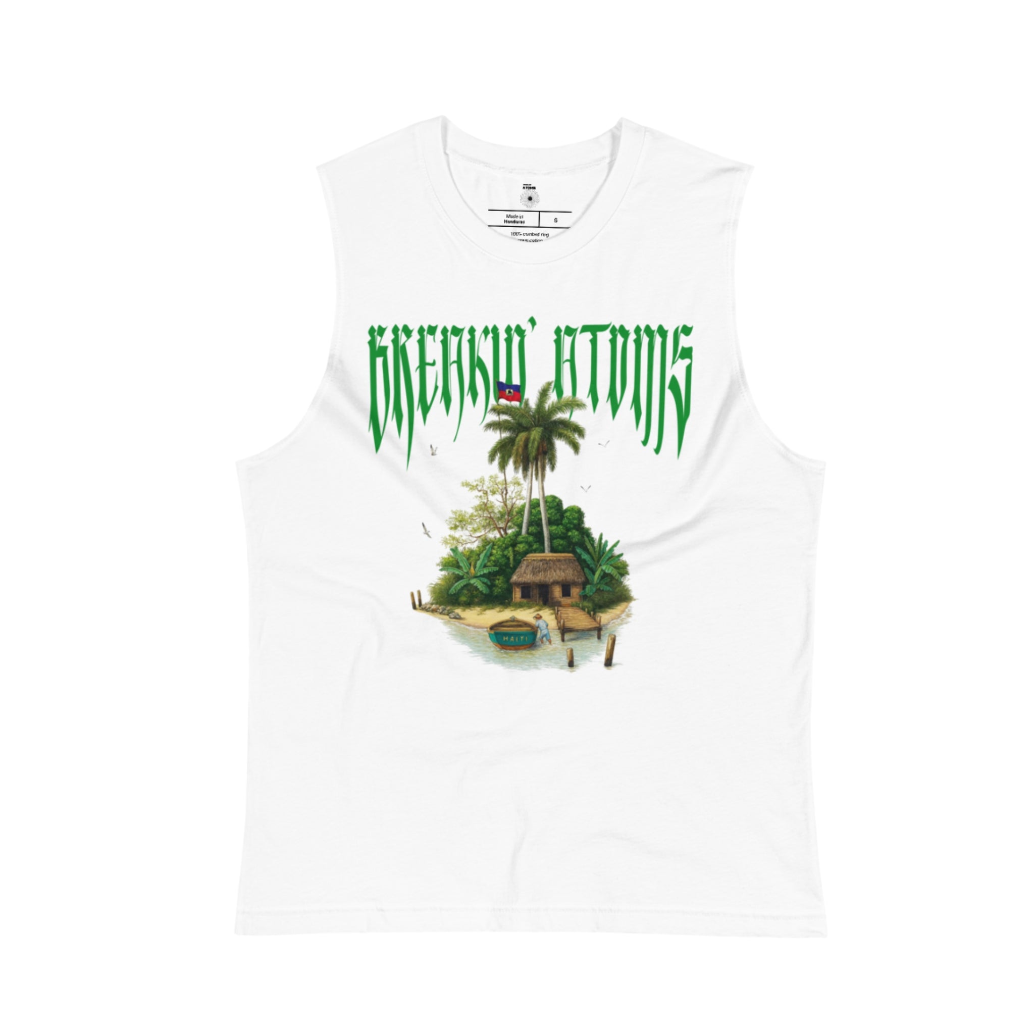 Front view of the Breakin’ Atoms Lakou Tank Muscle Shirt in white. The design features a detailed island scene with a thatched hut, palm trees, and a docked canoe marked “Haiti.” Above the illustration, the Breakin’ Atoms logo is printed in sharp green gothic lettering with the Haitian flag perched at the top of the palms.