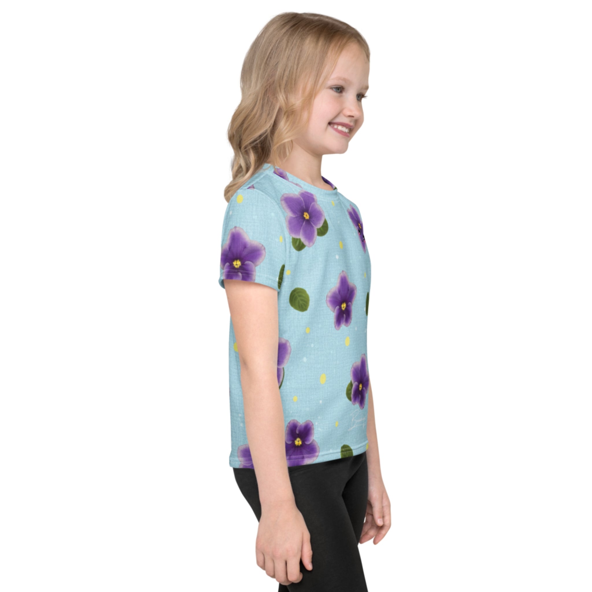 Breakin' Atoms Kids Violet Bloom Shirt Front on Kid