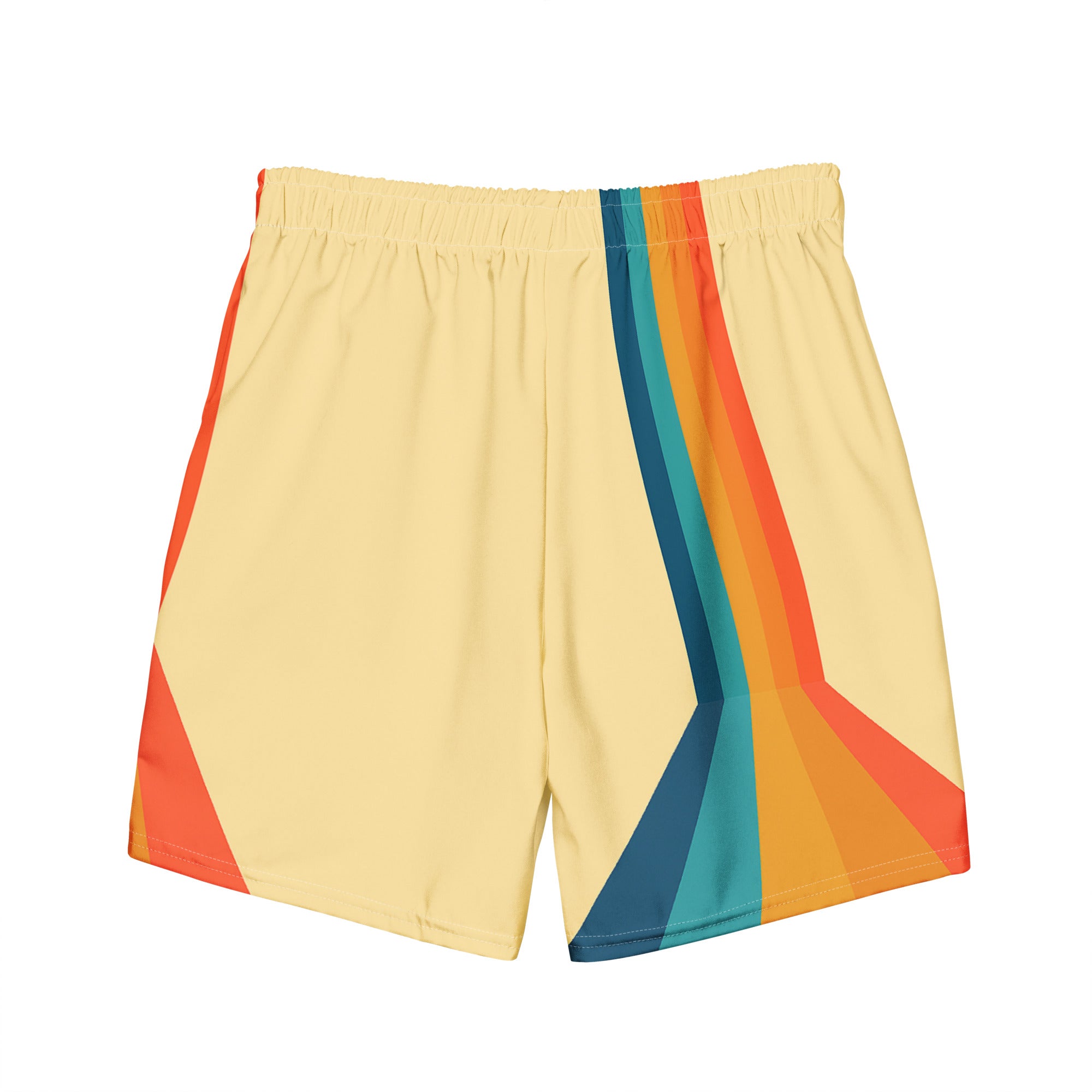 Retro Lane yellow swim trunks with multicolor side stripes