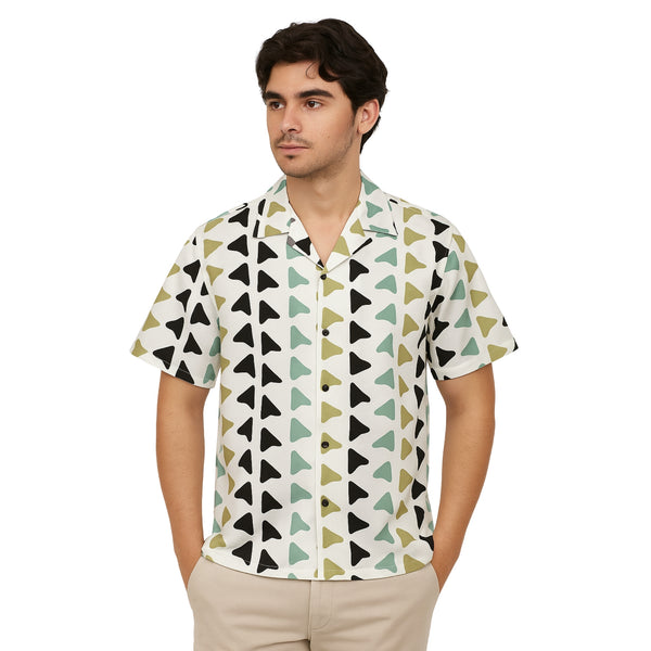 Model wearing Breakin' Atoms "Arrowhead Unity" short-sleeve button-up shirt with retro geometric arrowhead print in black, olive, and teal.