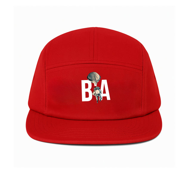 Front view of Breakin' Atoms 5-Panel “B'A” Hat in bold red, featuring structured fit and white embroidered “B’A” initials — a sleek, modern take on classic streetwear headwear.