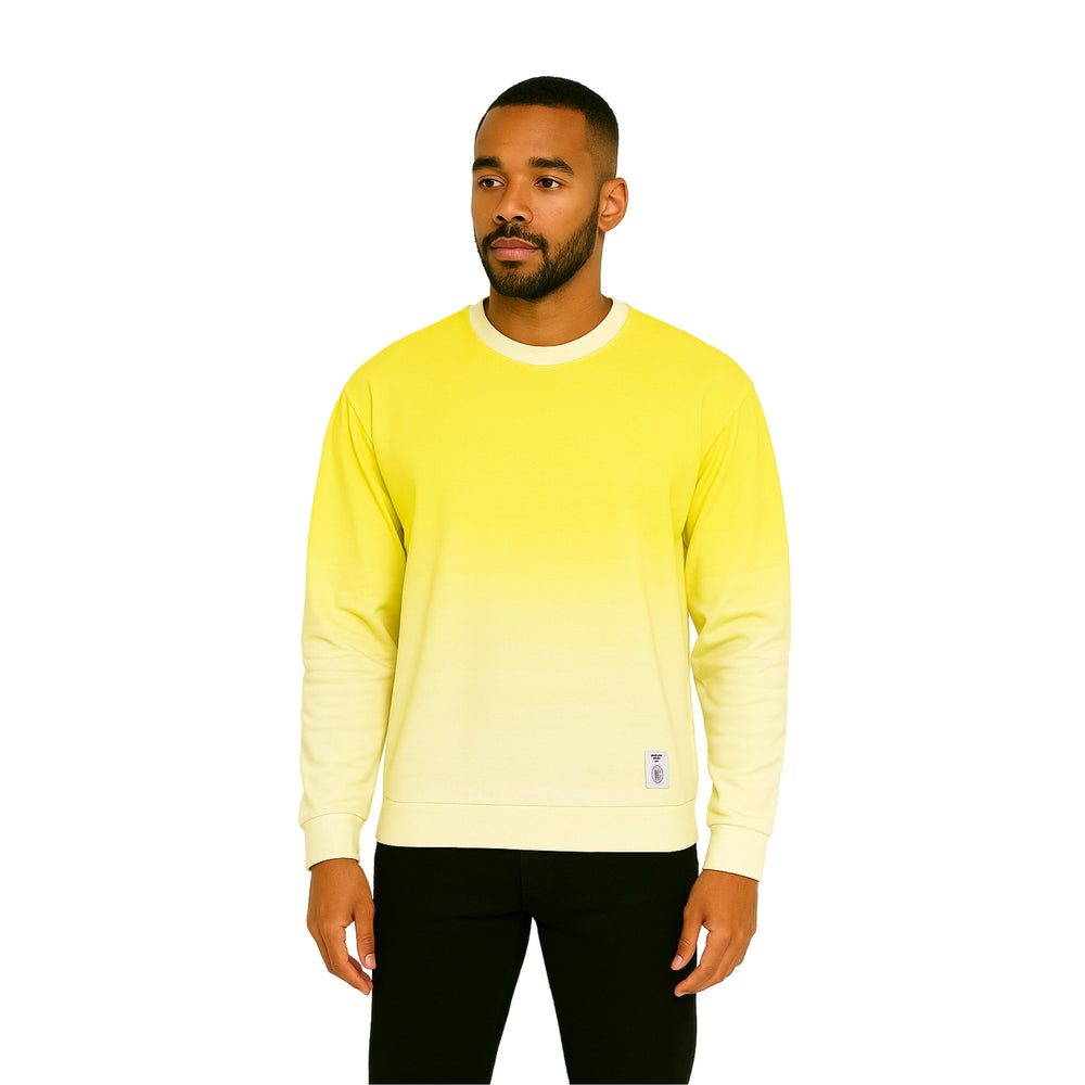 Model wearing Breakin' Atoms "Canary Yellow Sweater" with a smooth yellow ombré fade, relaxed fit, and classic crew neck — perfect for stylish layering in cool weather. — Breakin Atoms premium streetwear