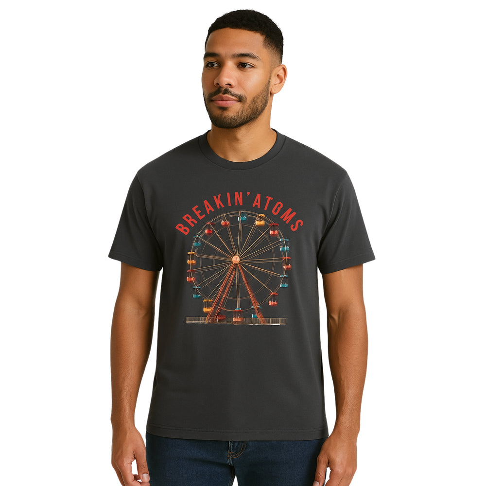 Model wearing Breakin’ Atoms "Ferris Wheel Tee" — a nostalgic graphic t-shirt featuring a stylized ferris wheel design, evoking amusement park vibes and a playful, retro aesthetic.
 — Breakin Atoms premium streetwear