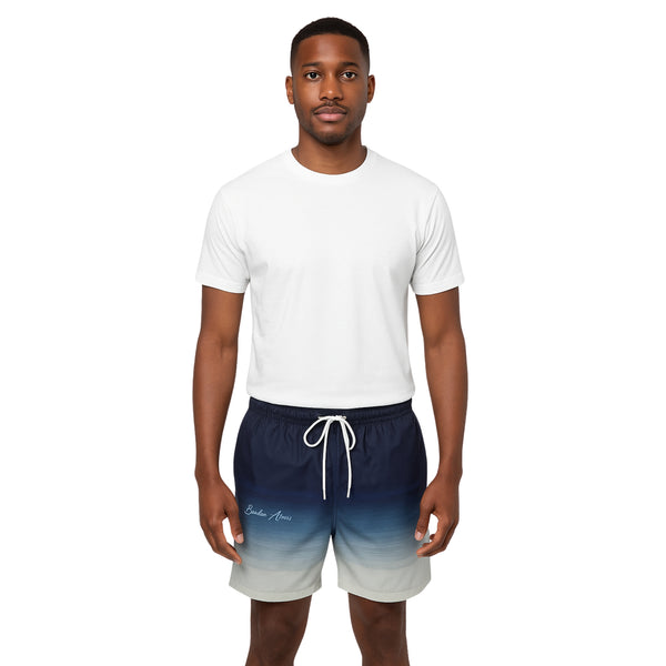 Model wearing Breakin' Atoms "Gradient Horizon Shorts," lightweight shorts with a sunset-inspired gradient colorway — perfect for summer streetwear and creative warm-weather outfits.