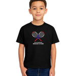 Child model wearing Breakin' Atoms Kid's Tennis Tee in black, featuring crossed tennis rackets and bold text design — a fun, sporty graphic t-shirt perfect for active kids and tennis fans. thumbnail 1